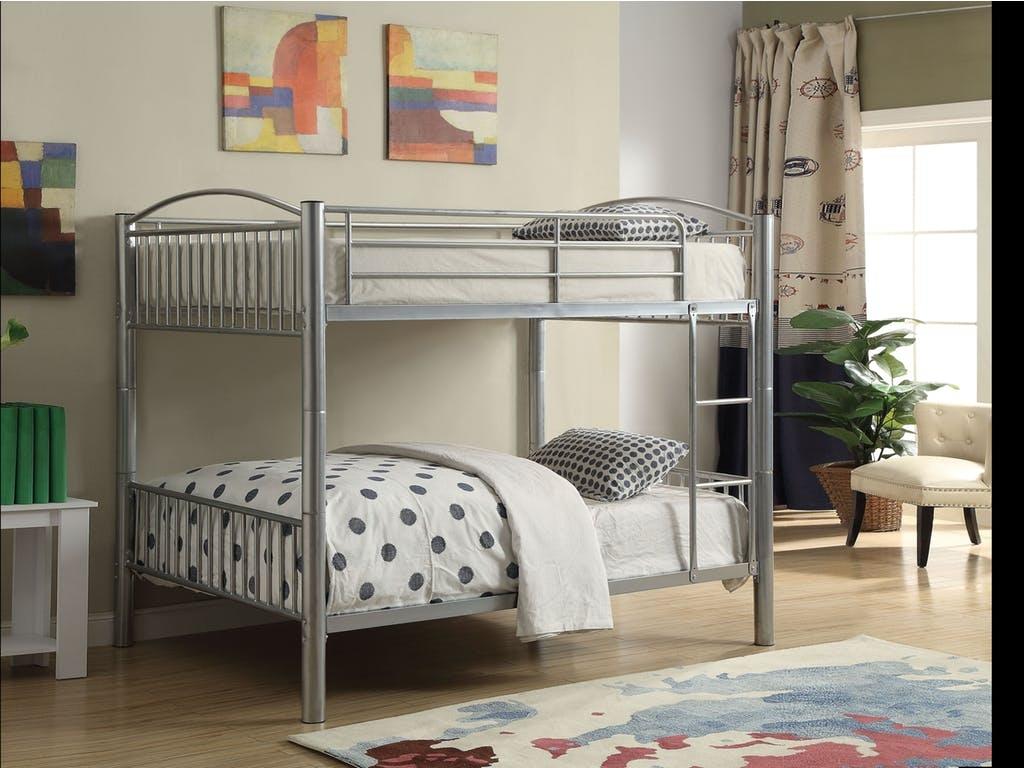 Black Metal Full Over Full Bunk Bed with side ladder and guard-rail, showcasing a contemporary design suitable for any bedroom.