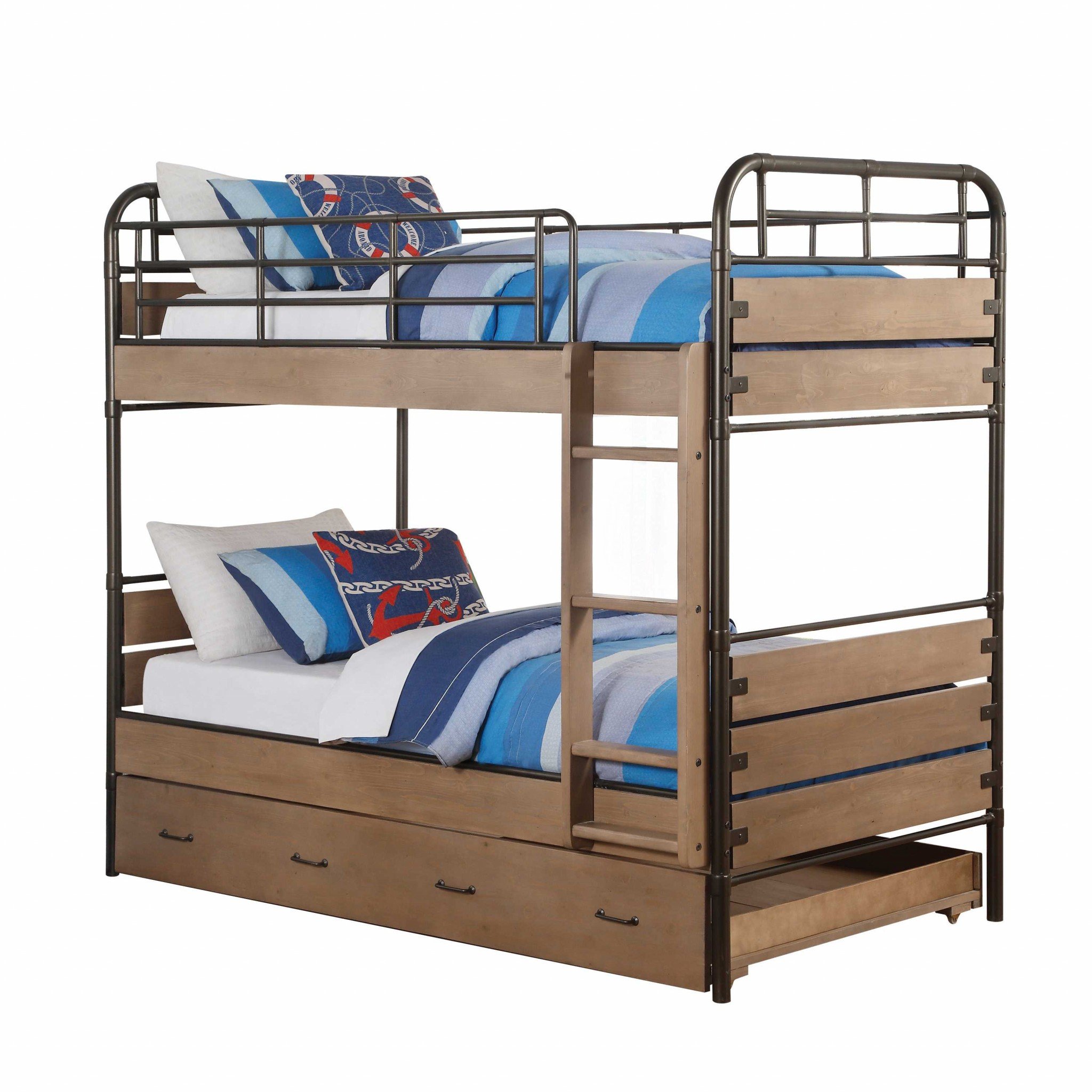 Antique Oak and Gunmetal Twin Over Twin Bunk Bed featuring a sturdy design with a guard-rail and front ladder.