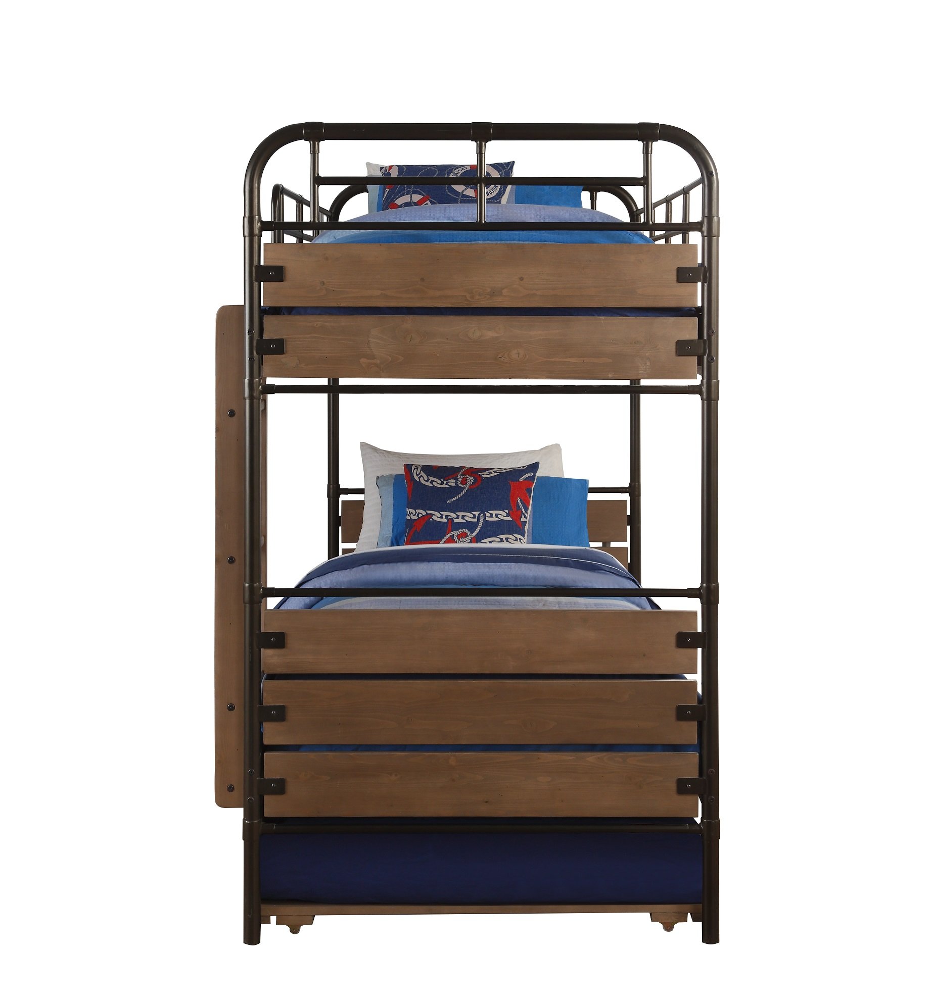 Antique Oak and Gunmetal Twin Over Twin Bunk Bed featuring a sturdy design with a guard-rail and front ladder.