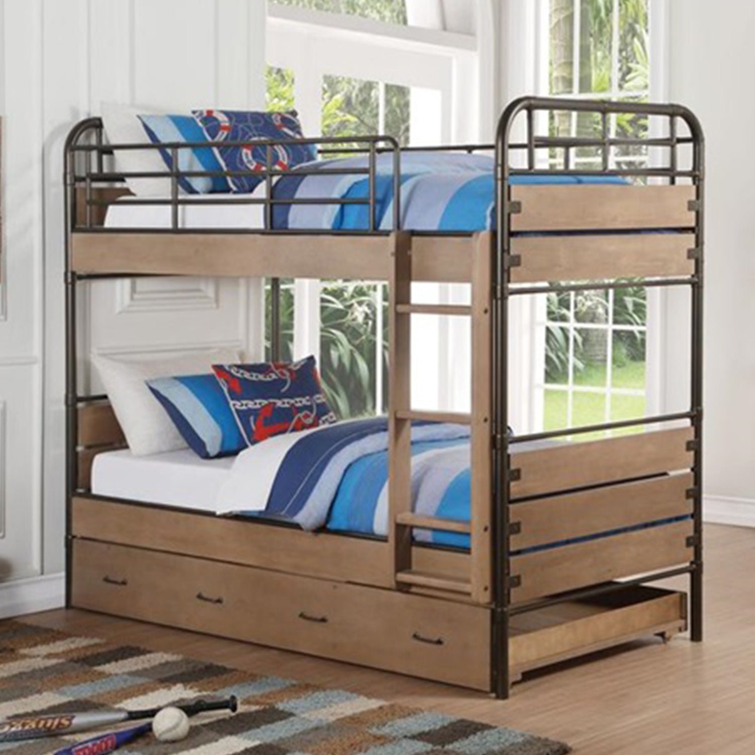 Antique Oak and Gunmetal Twin Over Twin Bunk Bed featuring a sturdy design with a guard-rail and front ladder.