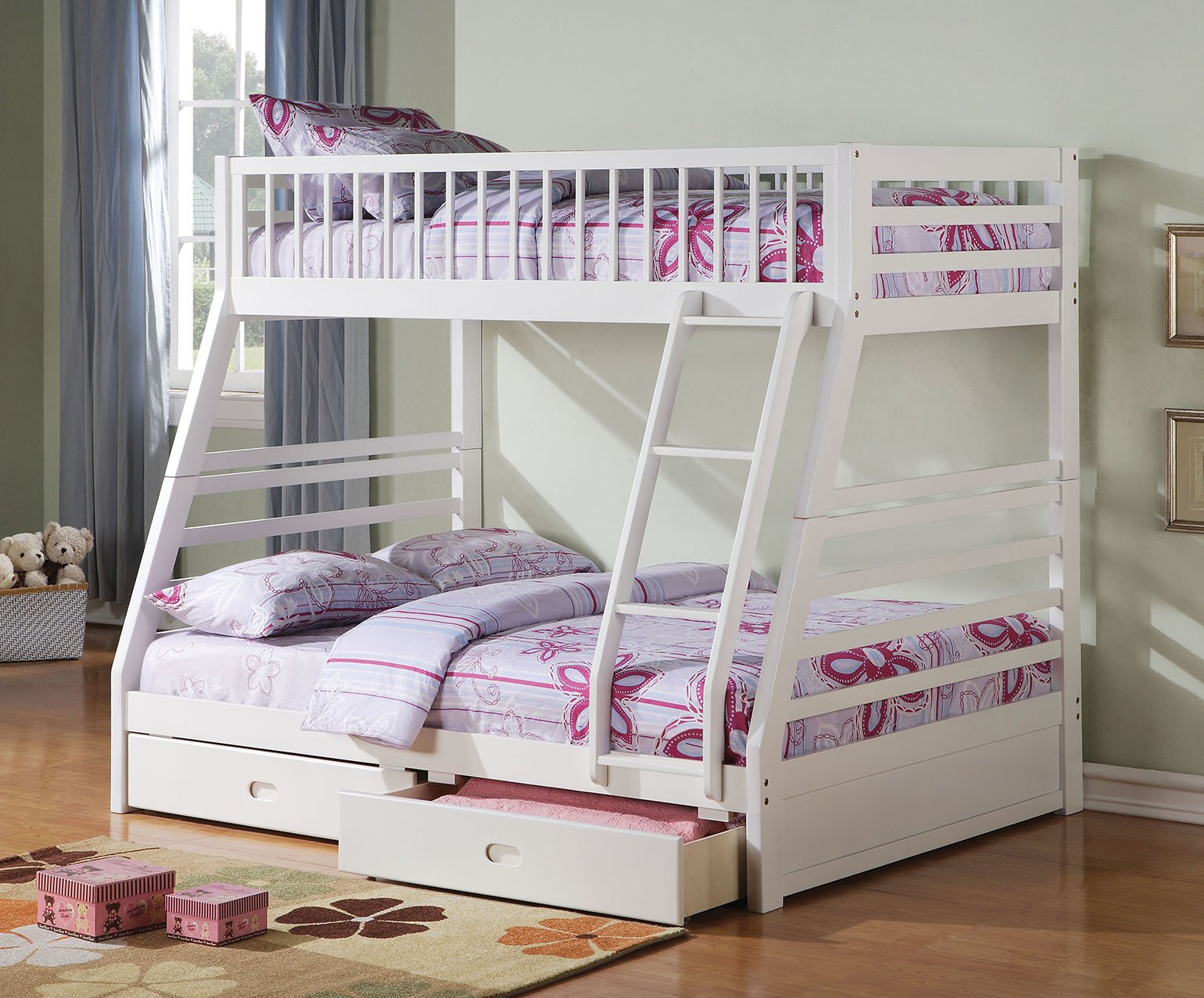 White pine wood twin over full bunk bed with storage drawers, featuring a right-facing ladder and safety guard-rail.