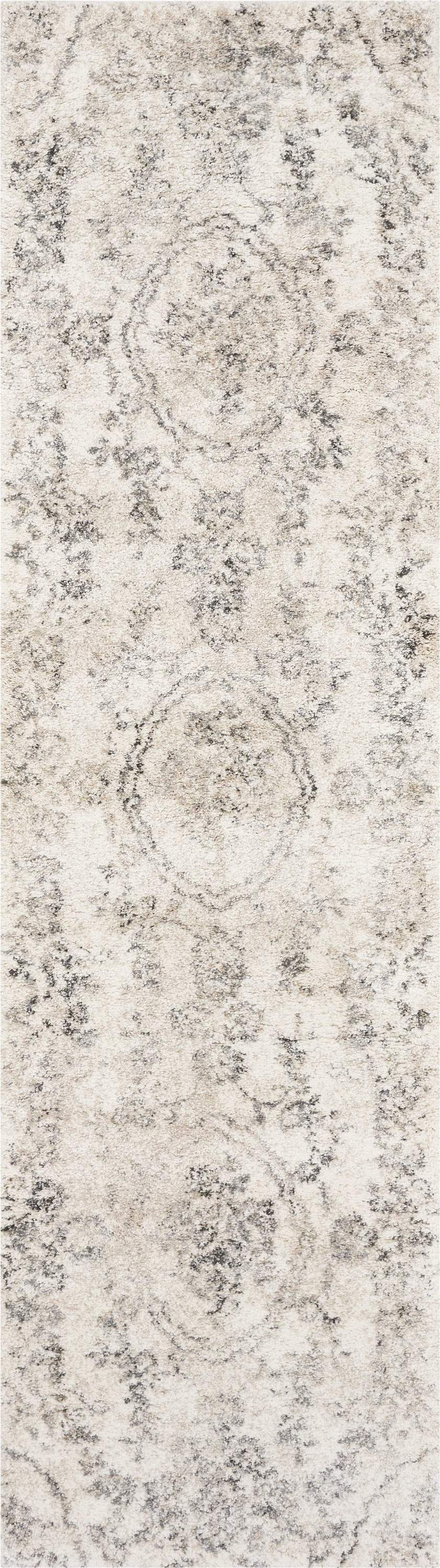 7-inch grey machine woven distressed floral medallion indoor runner rug, showcasing intricate floral patterns and a soft texture.