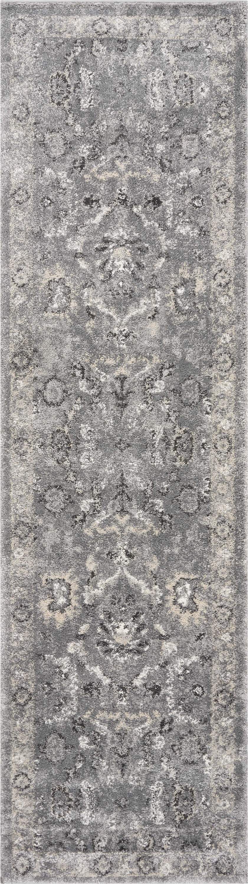 7-inch grey machine woven distressed floral traditional indoor runner rug, showcasing intricate floral patterns and a soft texture.