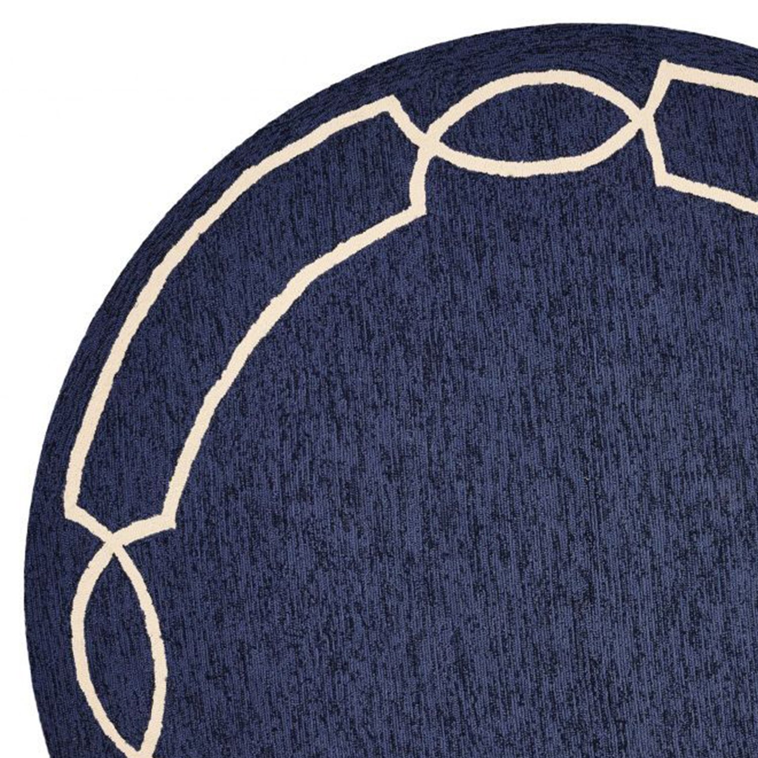 7-inch round ocean blue hand hooked rug with a bordered design, perfect for indoor and outdoor use.