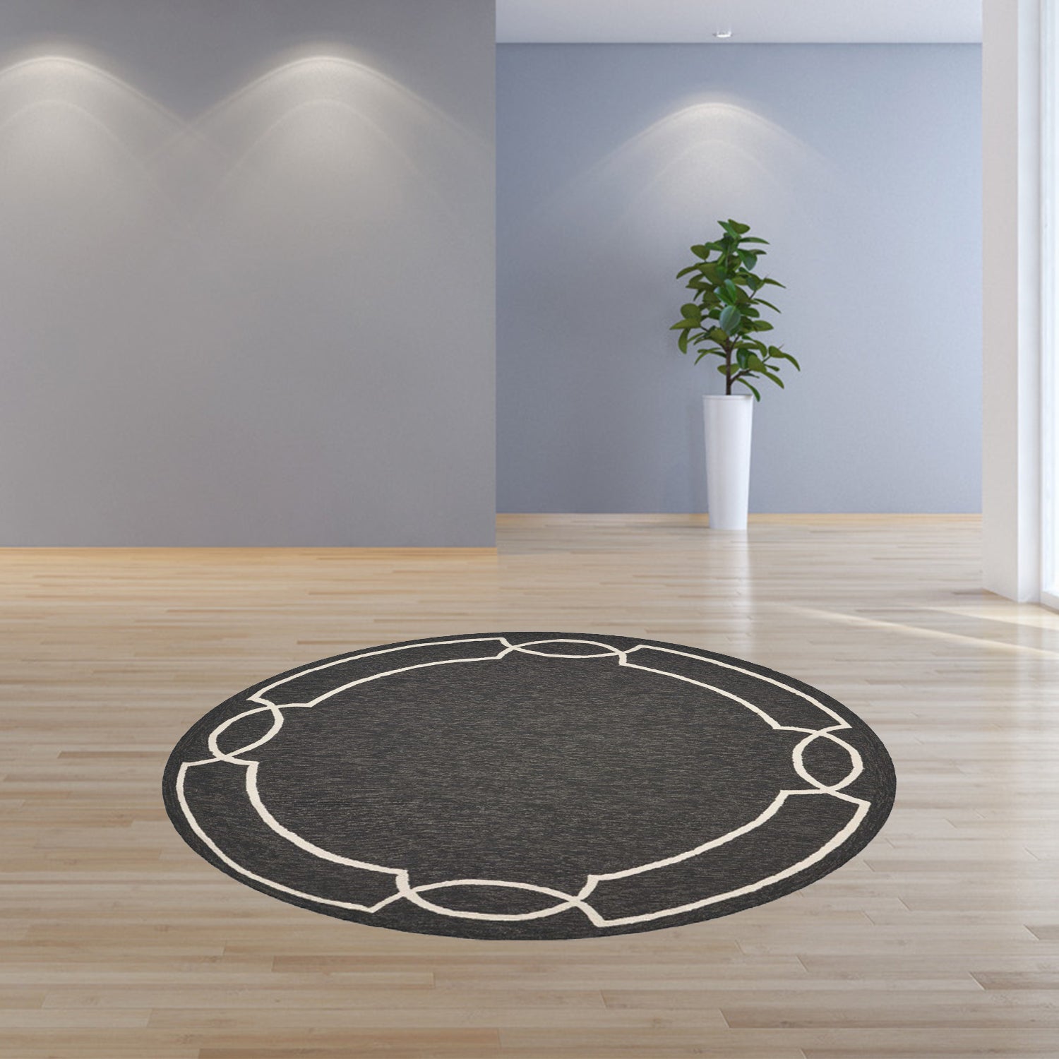 7-inch Onyx Black Hand Hooked Round Rug with UV Treatment, showcasing intricate design and elegant color.