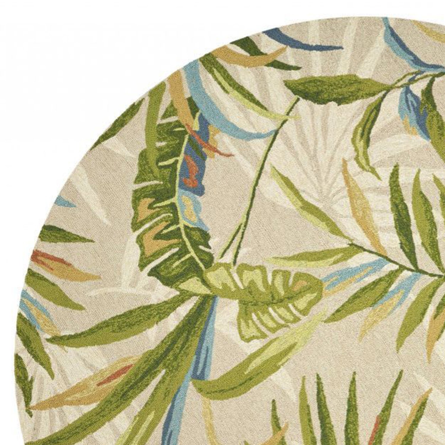 7-inch round UV treated polypropylene sand area rug with a unique paint-dripping design in sand ivory color, suitable for indoor and outdoor use.