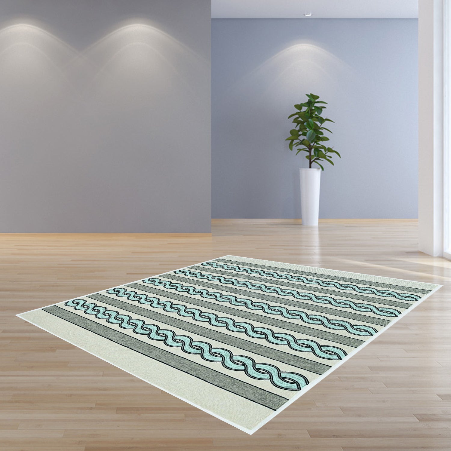 7-inch square UV-treated polypropylene area rug in ivory and spa color, showcasing a cable knit design, perfect for indoor and outdoor use.
