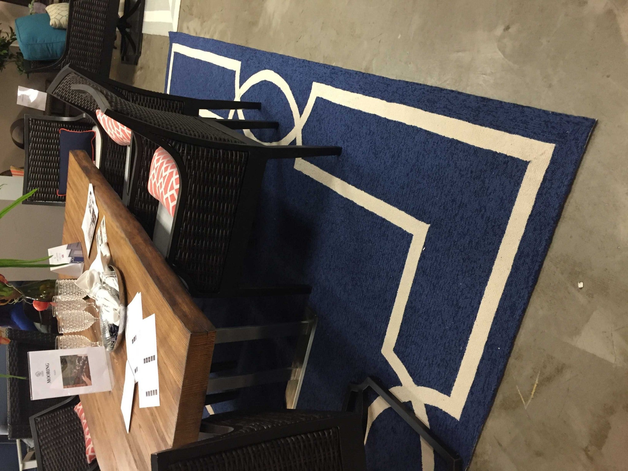 7-inch square UV treated polypropylene ocean area rug in vibrant ocean blue, perfect for indoor and outdoor use.