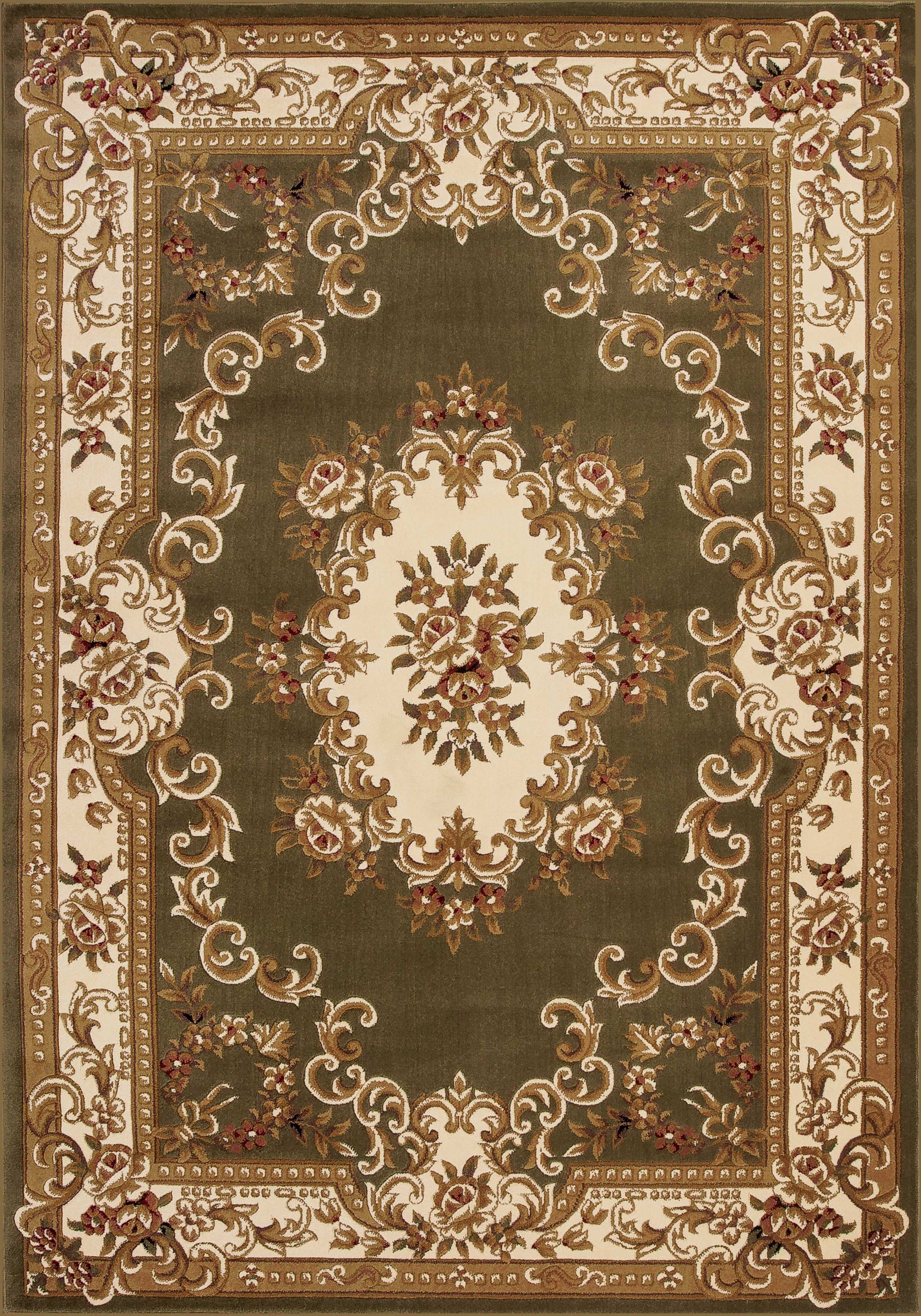 A beautiful 7x10 inches green and ivory area rug featuring intricate aubusson design, perfect for enhancing home decor.