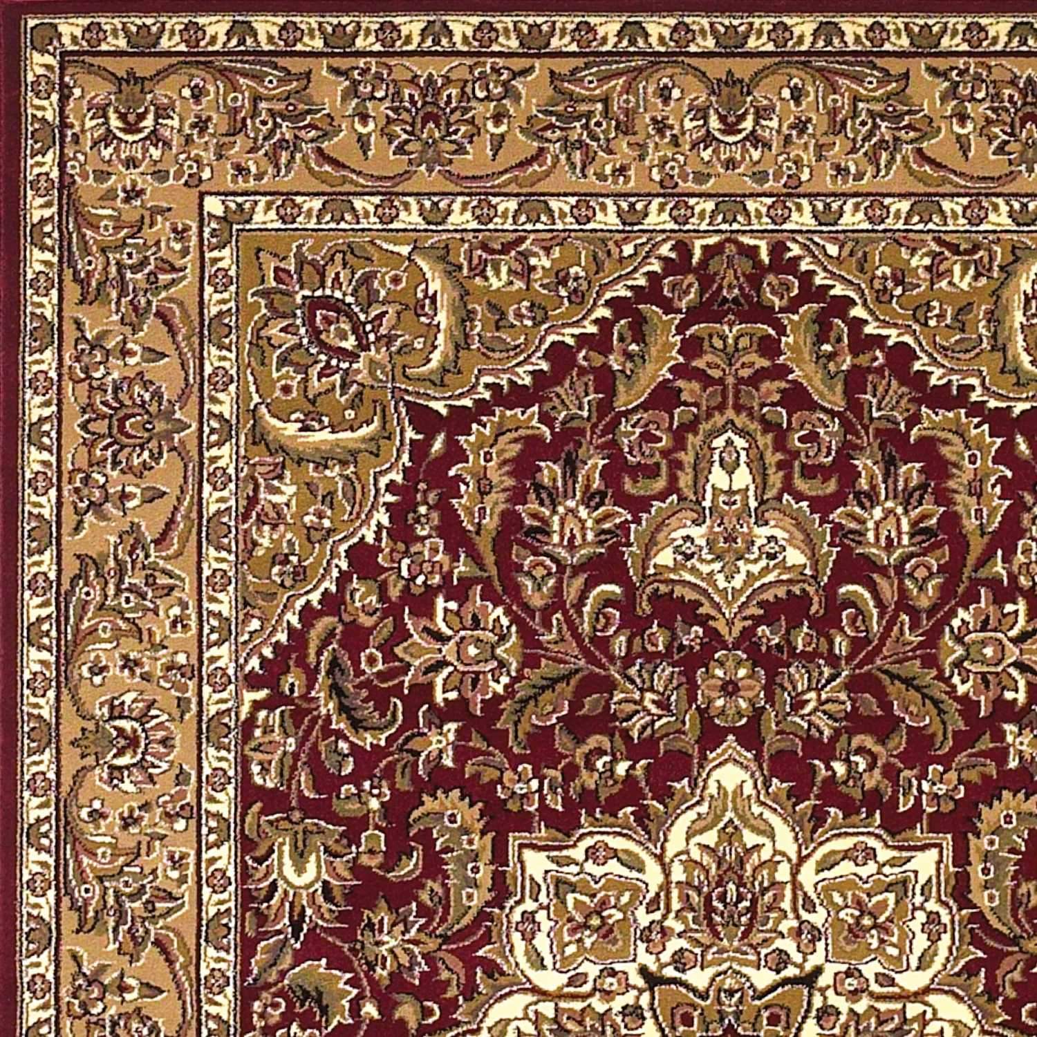 A beautiful 7x10 inches polypropylene area rug featuring a kashan medallion design in red and beige colors, perfect for enhancing home decor.