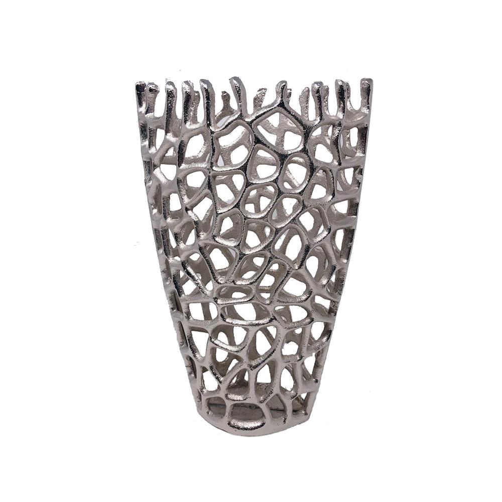 Elegant silver aluminum branch twig small table vase, measuring 7x7x13 inches, showcasing a modern design.