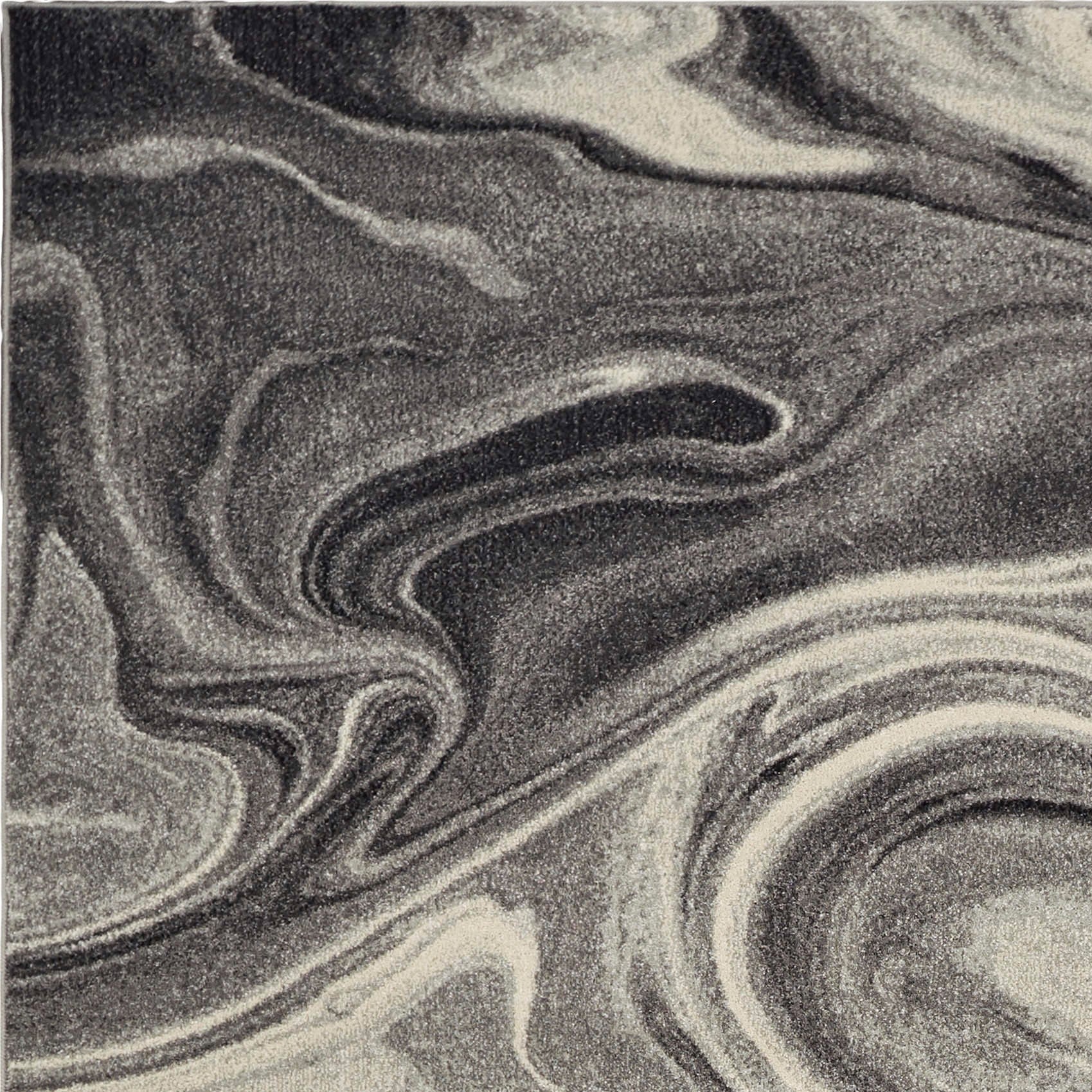 7x9 Grey or Black Abstract Marble Design Indoor Area Rug showcasing unique watercolor patterns and soft texture.