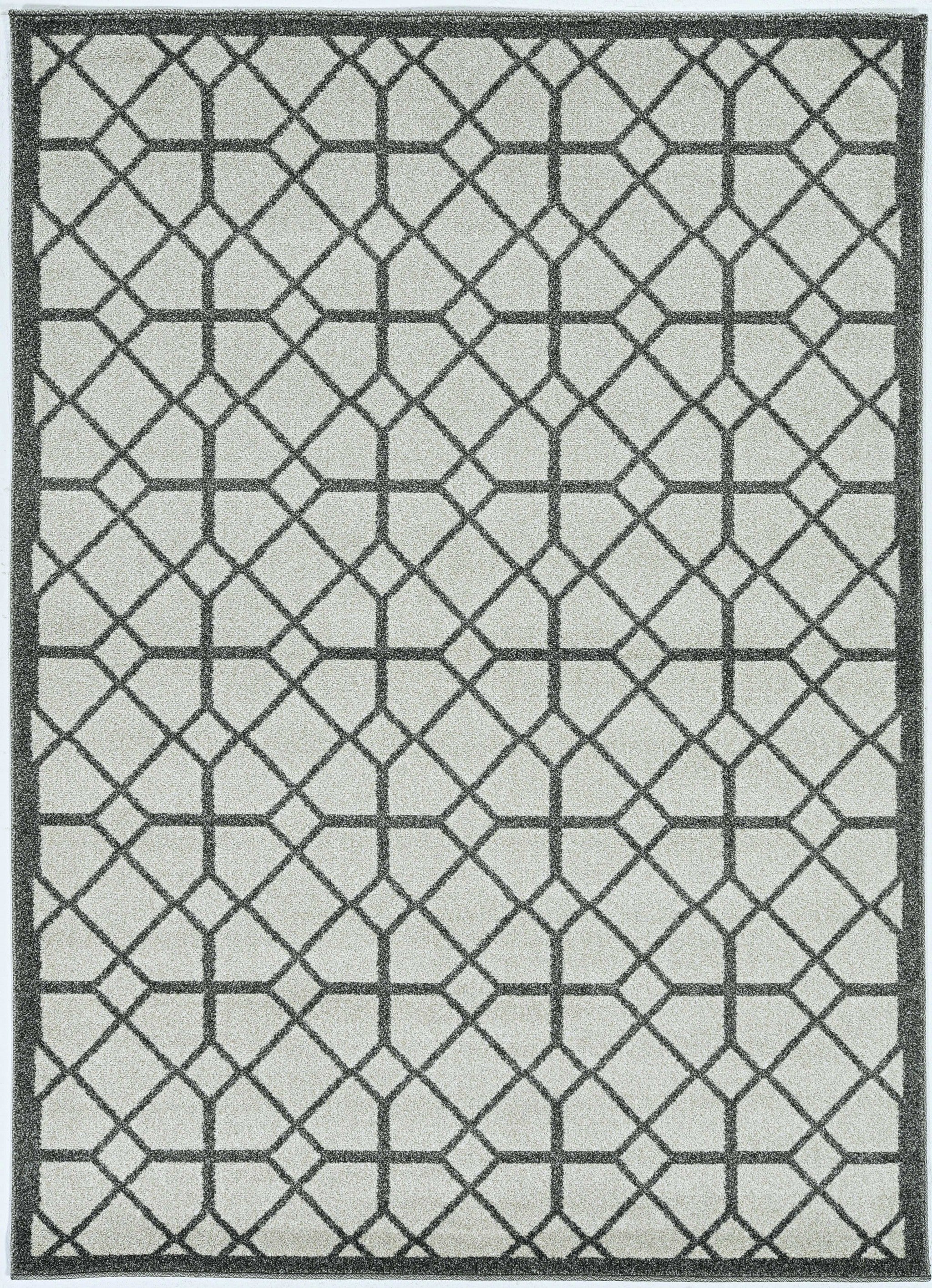 7x9 ivory or grey geometric diamond area rug, showcasing elegant patterns suitable for indoor and outdoor use.