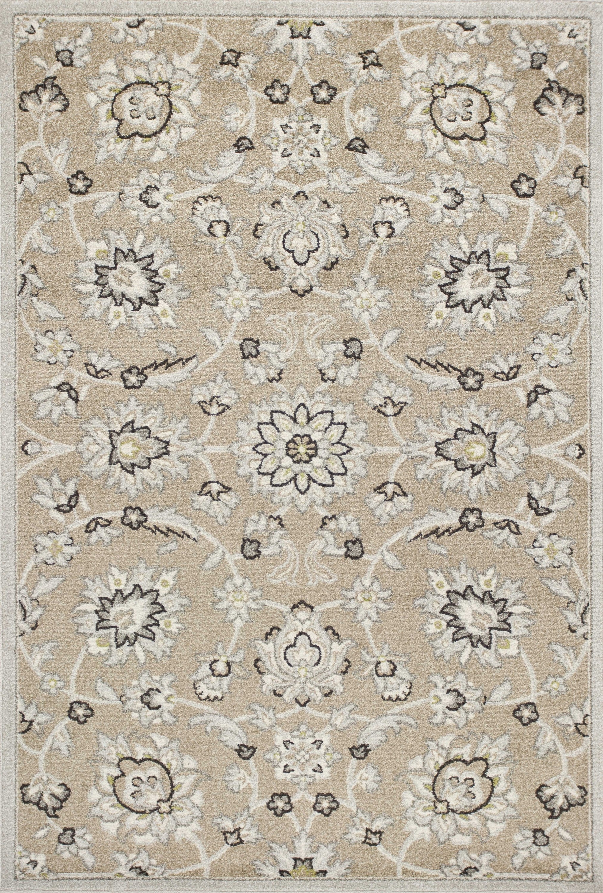 A beautiful 7x10 beige grey machine woven rug featuring floral patterns, perfect for enhancing home decor.
