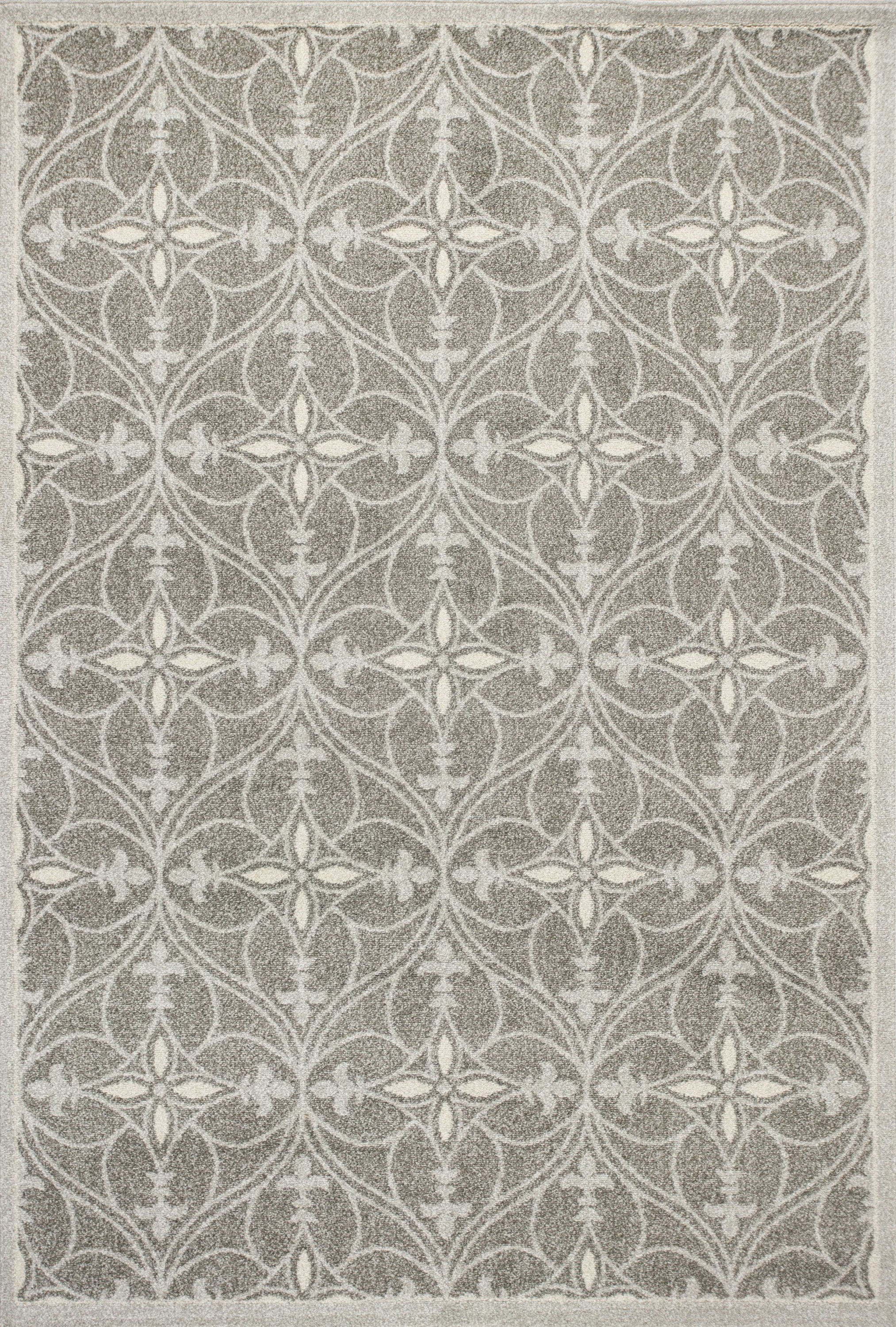 7 inches x 10 inches grey machine woven rug with ogee pattern, suitable for indoor and outdoor use.
