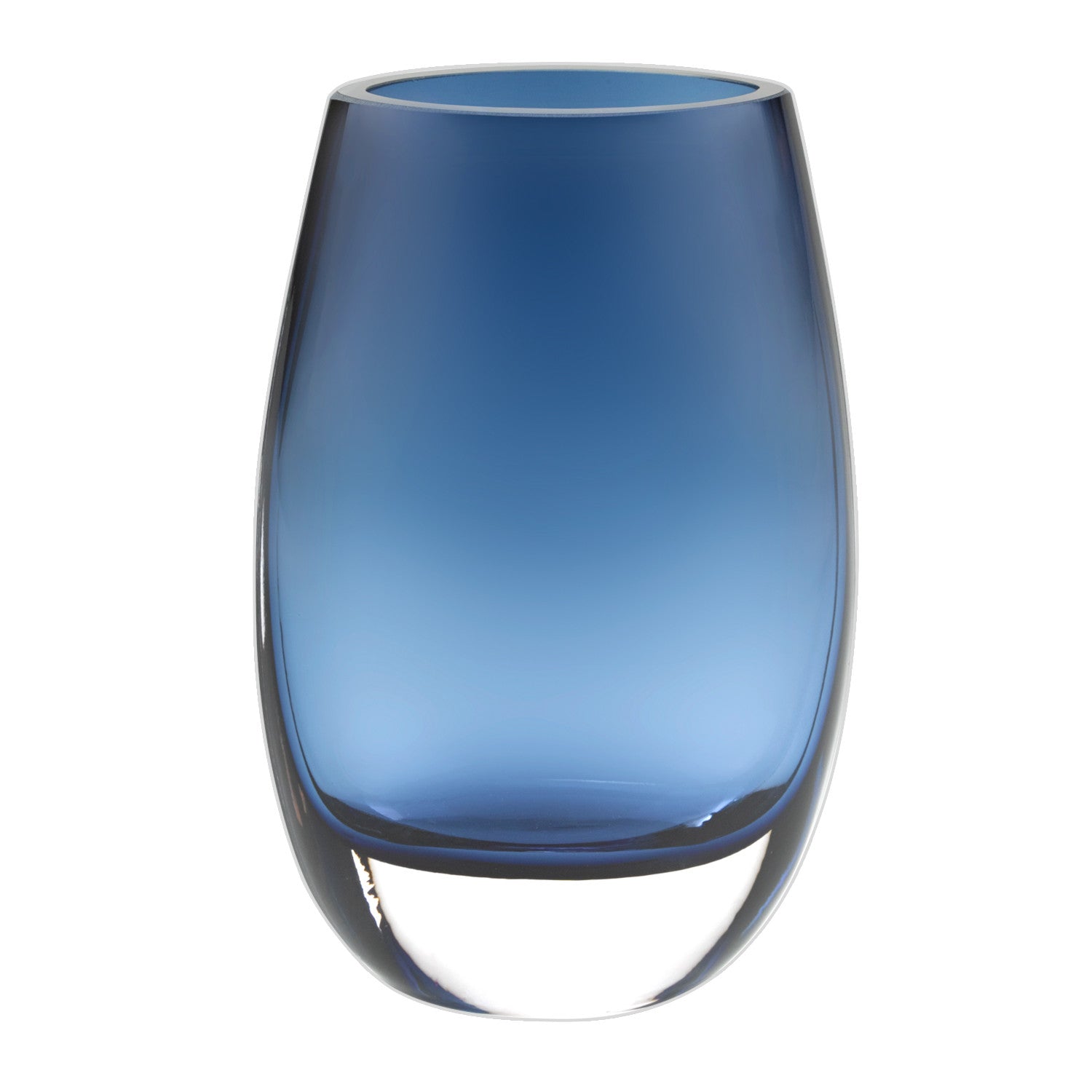 A stunning 8-inch mouth blown crystal oval vase in midnight blue, showcasing its thick walls and elegant design, perfect for floral arrangements.