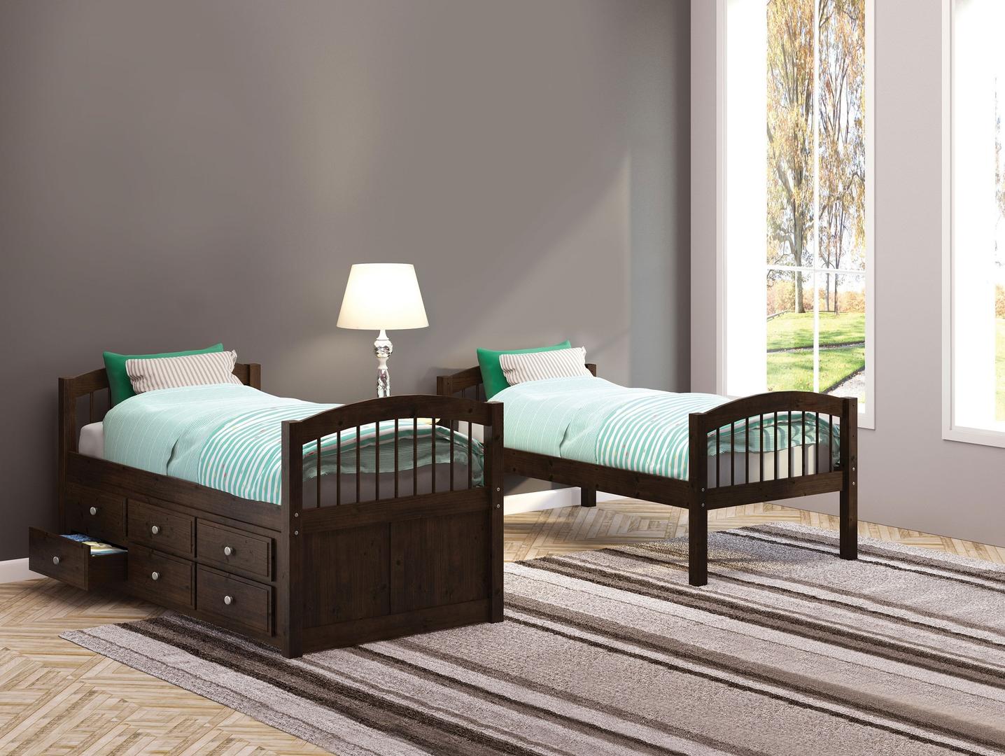 Espresso twin over twin bunk bed with trundle and storage drawers, featuring a sturdy wooden frame and elegant design.