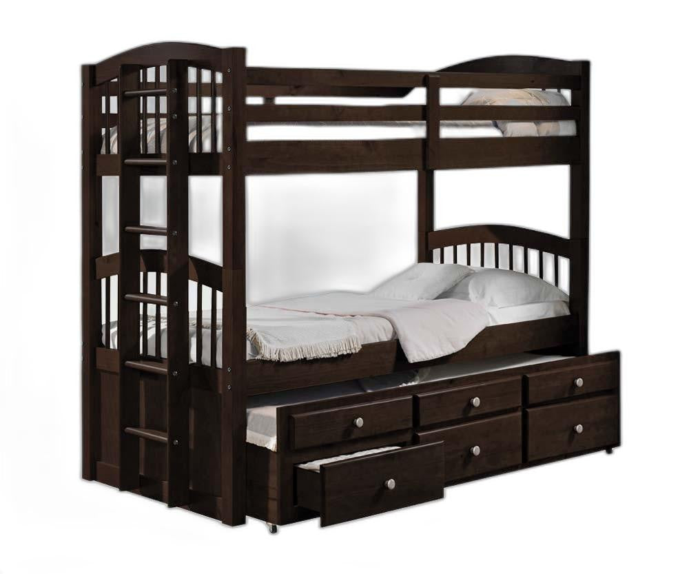 Espresso twin over twin bunk bed with trundle and storage drawers, featuring a sturdy wooden frame and elegant design.