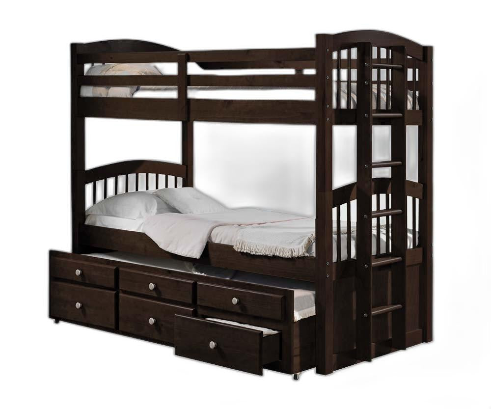 Espresso twin over twin bunk bed with trundle and storage drawers, featuring a sturdy wooden frame and elegant design.