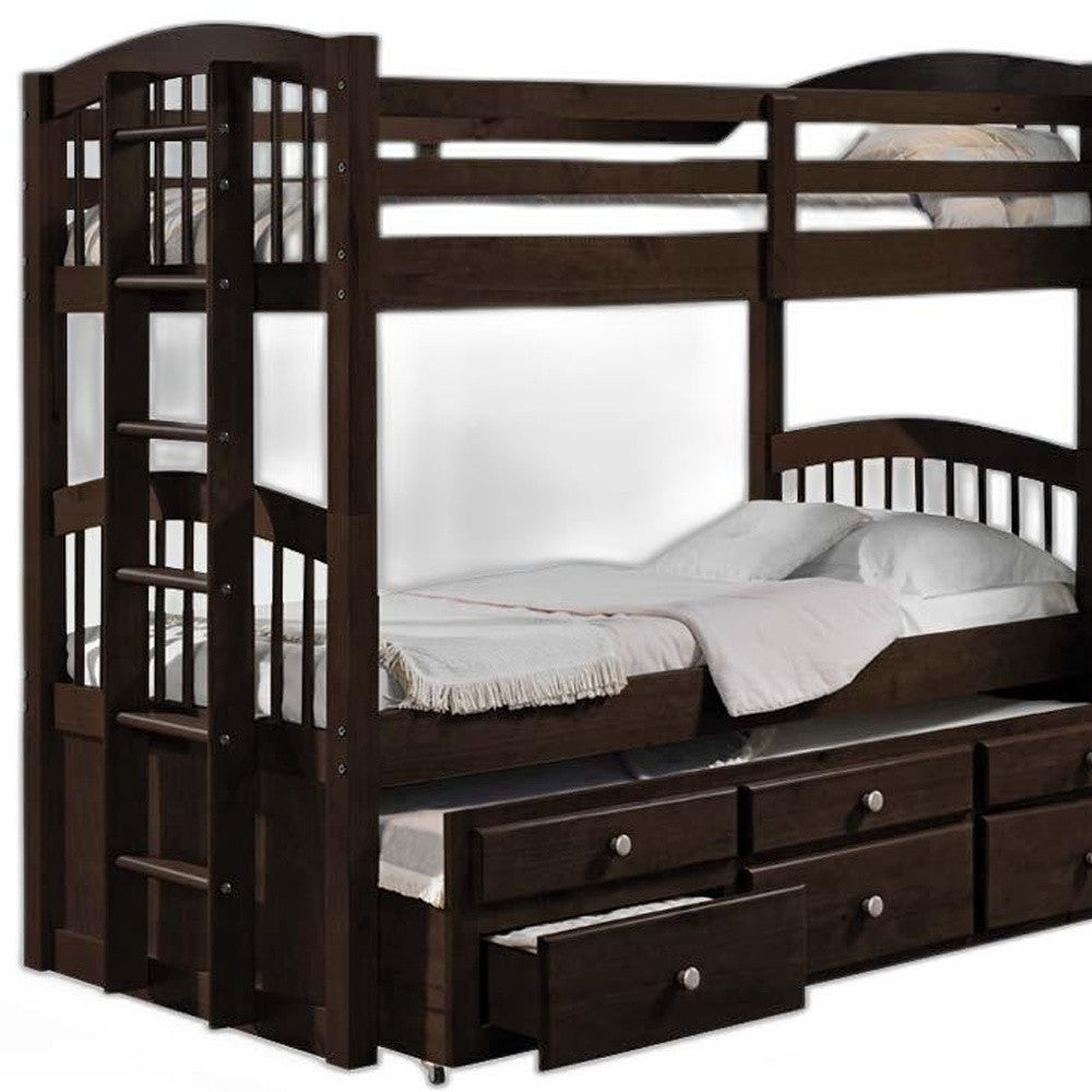 Espresso twin over twin bunk bed with trundle and storage drawers, featuring a sturdy wooden frame and elegant design.