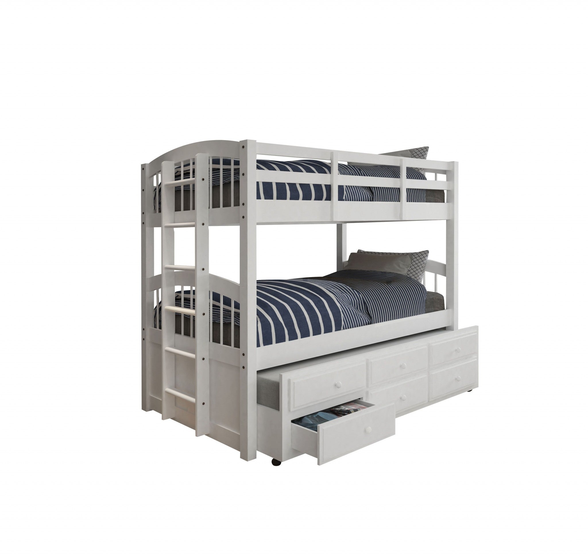 Elegant white twin bunk bed with trundle and storage drawers, designed for children's bedrooms.