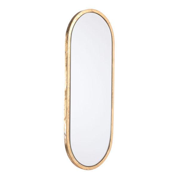 An elegant oval gold steel mirror measuring 8.1" x 0.8" x 19.9", showcasing a seamless design and reflective glass.