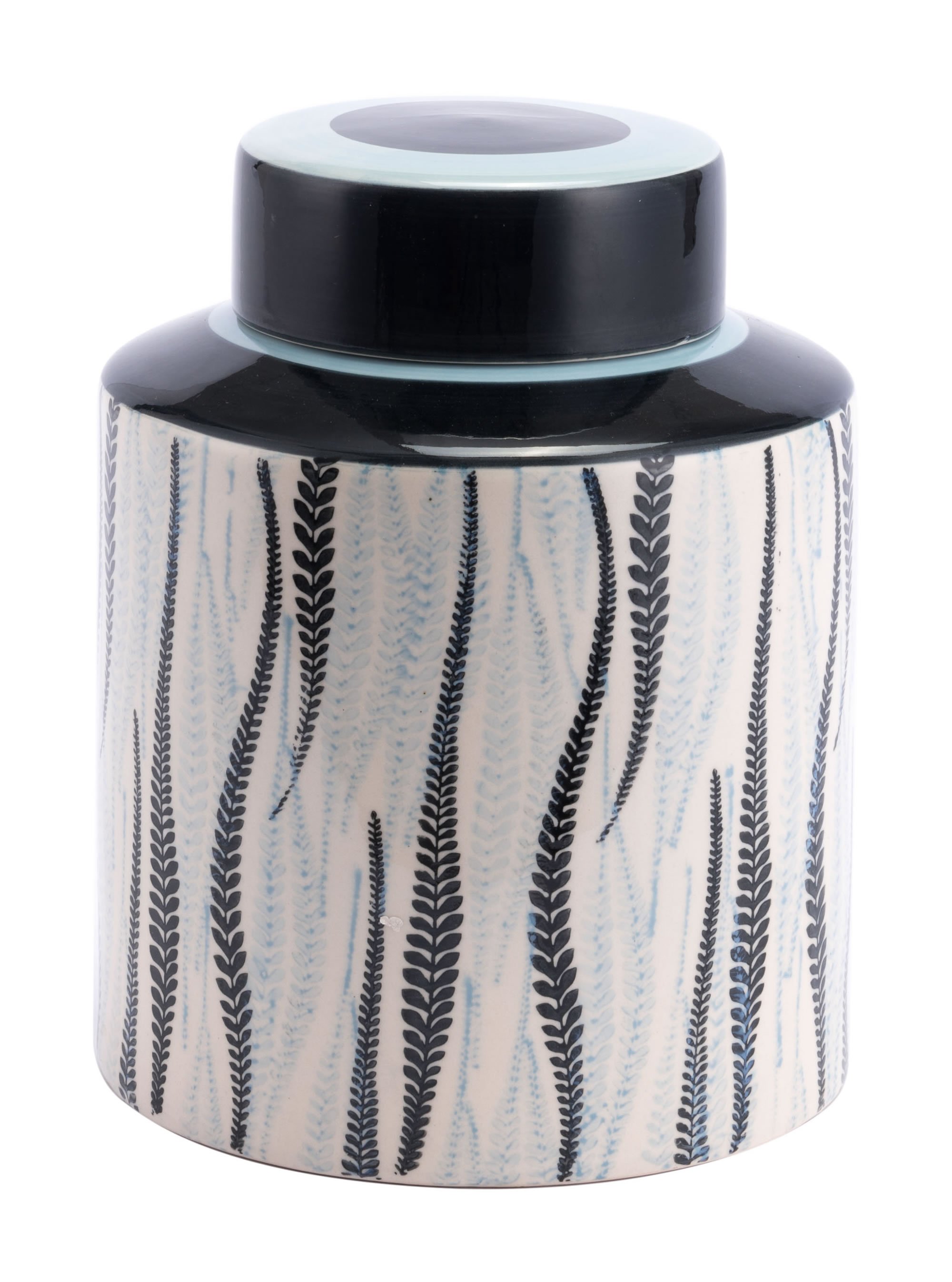 Elegant 8.1" x 8.1" x 9.8" white and black ceramic jar with climbing leaf pattern and removable lid.