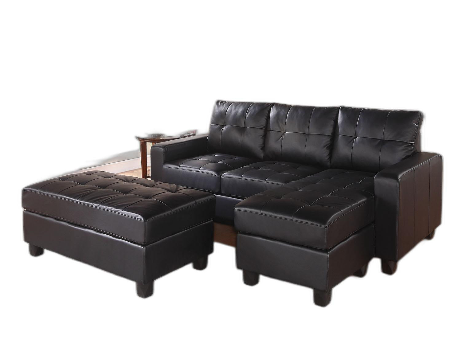 A stylish black bonded leather match sectional sofa featuring a reversible chaise and ottoman, perfect for modern living rooms.