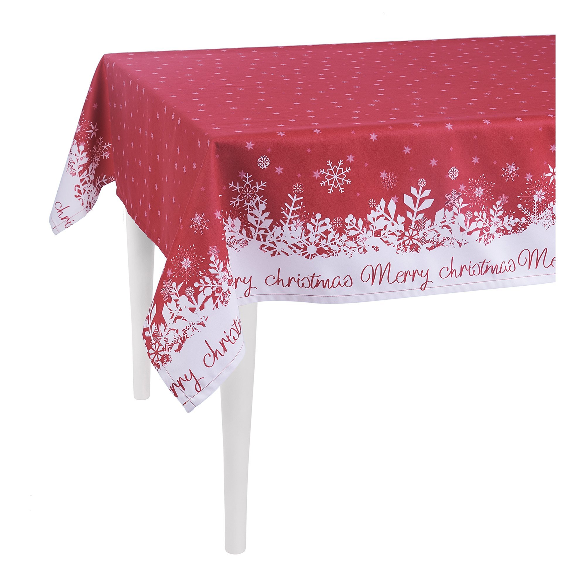 A luxurious red tablecloth with Merry Christmas print, perfect for holiday dining.