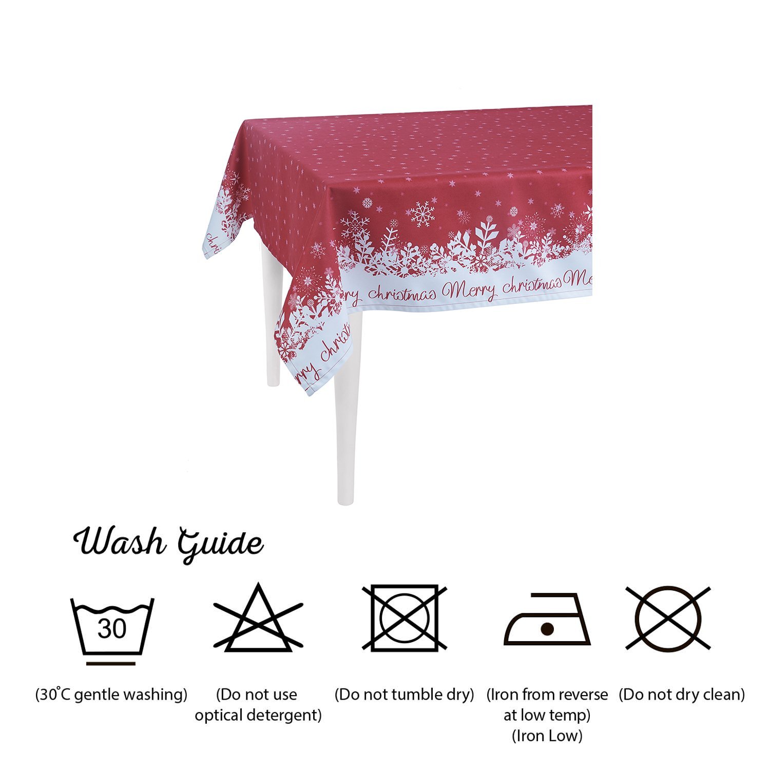 A luxurious red tablecloth with Merry Christmas print, perfect for holiday dining.