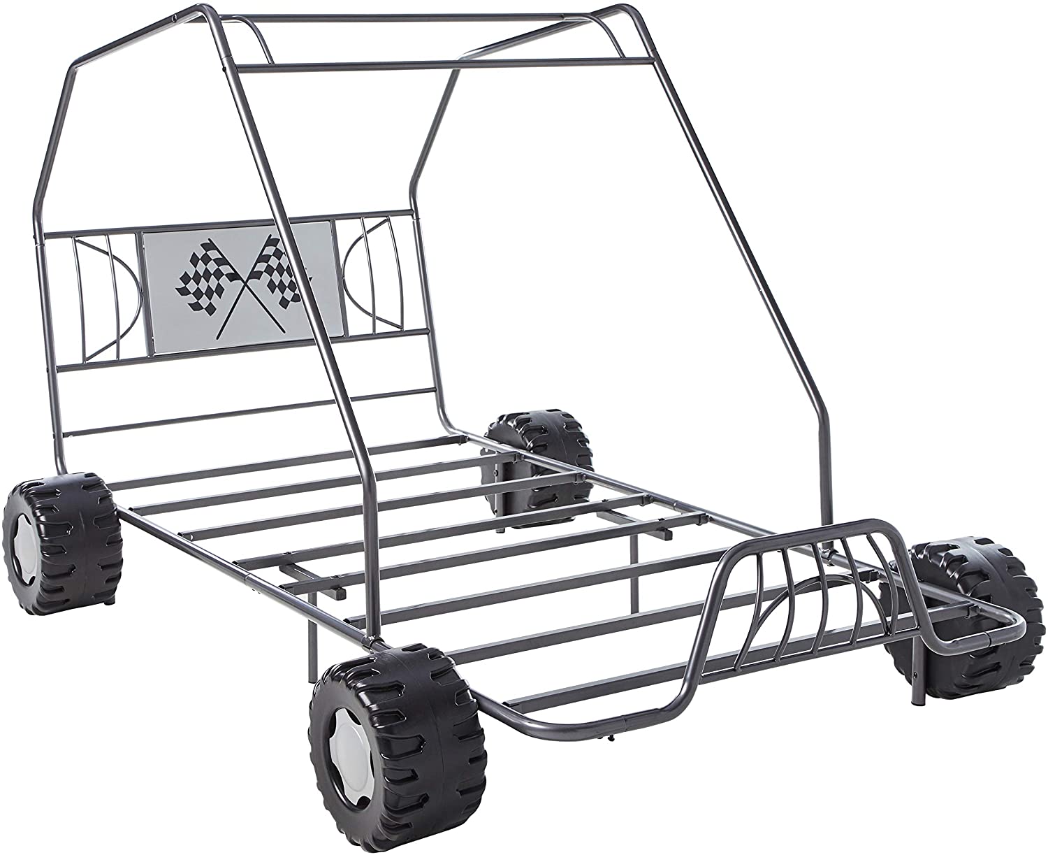 Twin Gunmetal Go Kart Bed featuring a racing flag headboard and sturdy metal construction, perfect for children's bedrooms.