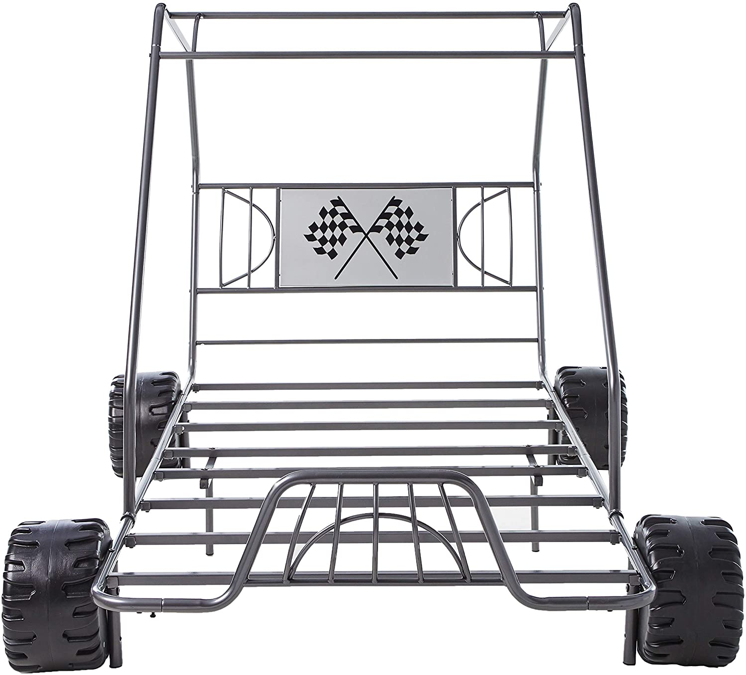 Twin Gunmetal Go Kart Bed featuring a racing flag headboard and sturdy metal construction, perfect for children's bedrooms.