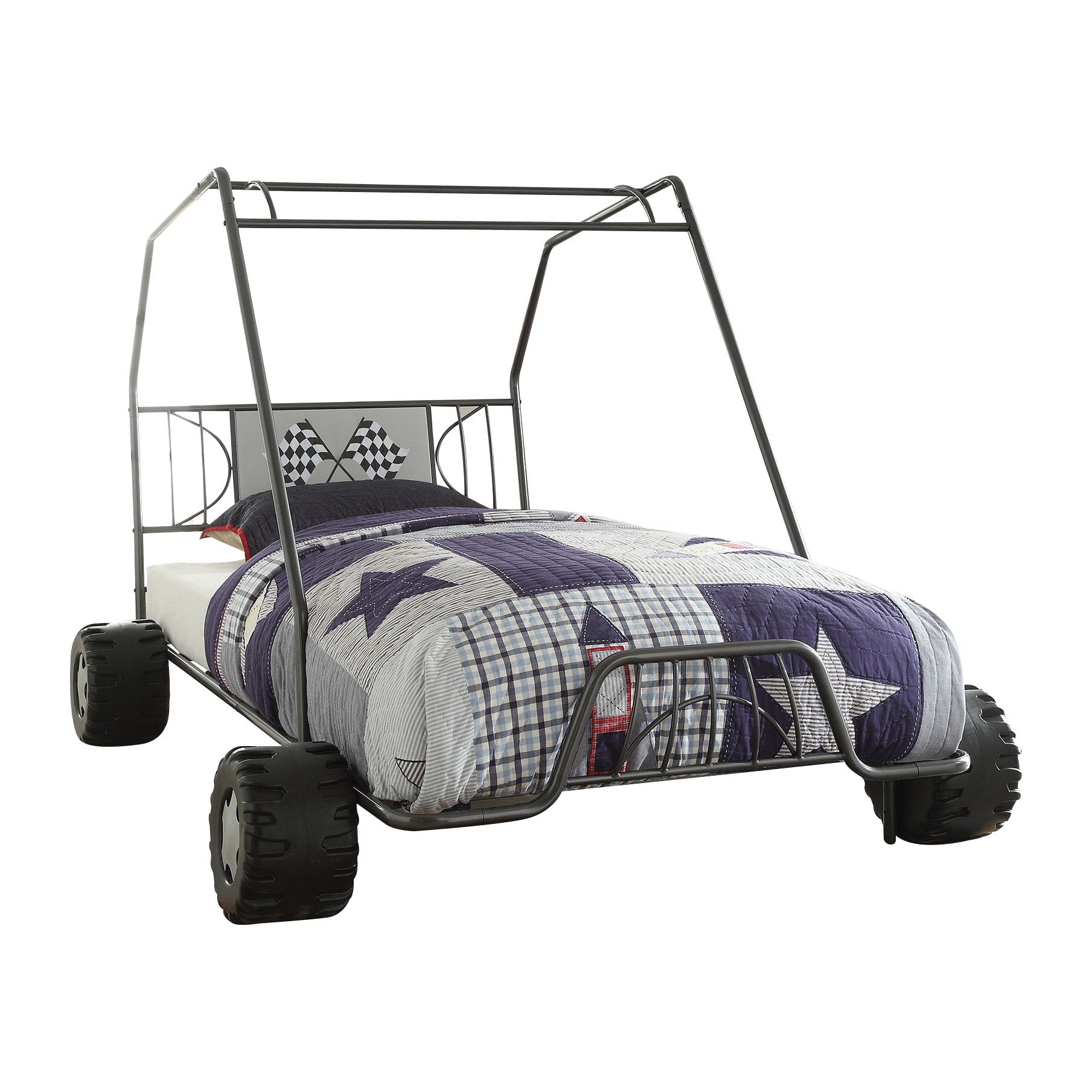 Twin Gunmetal Go Kart Bed featuring a racing flag headboard and sturdy metal construction, perfect for children's bedrooms.