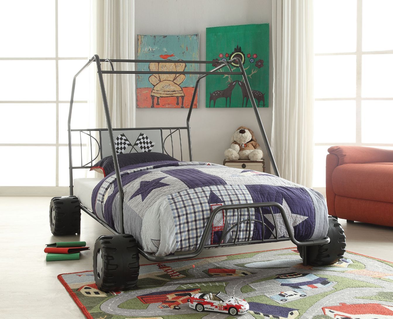 Twin Gunmetal Go Kart Bed featuring a racing flag headboard and sturdy metal construction, perfect for children's bedrooms.