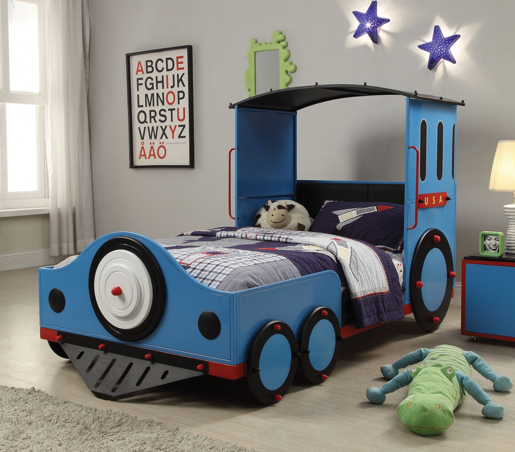 Twin Gunmetal Go Kart Bed featuring a racing flag headboard and sturdy metal construction, perfect for children's bedrooms.