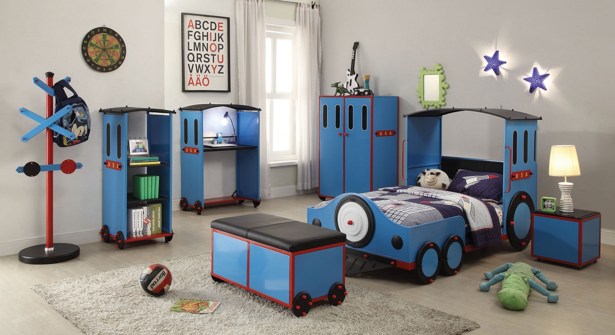 Twin Gunmetal Go Kart Bed featuring a racing flag headboard and sturdy metal construction, perfect for children's bedrooms.