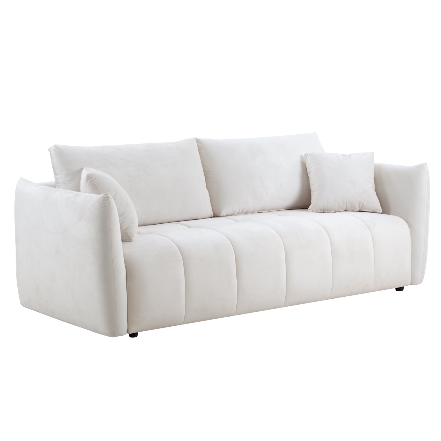 A stylish 85'' modern fabric sectional couch sofa in beige, featuring three soft pillows, perfect for living rooms.
