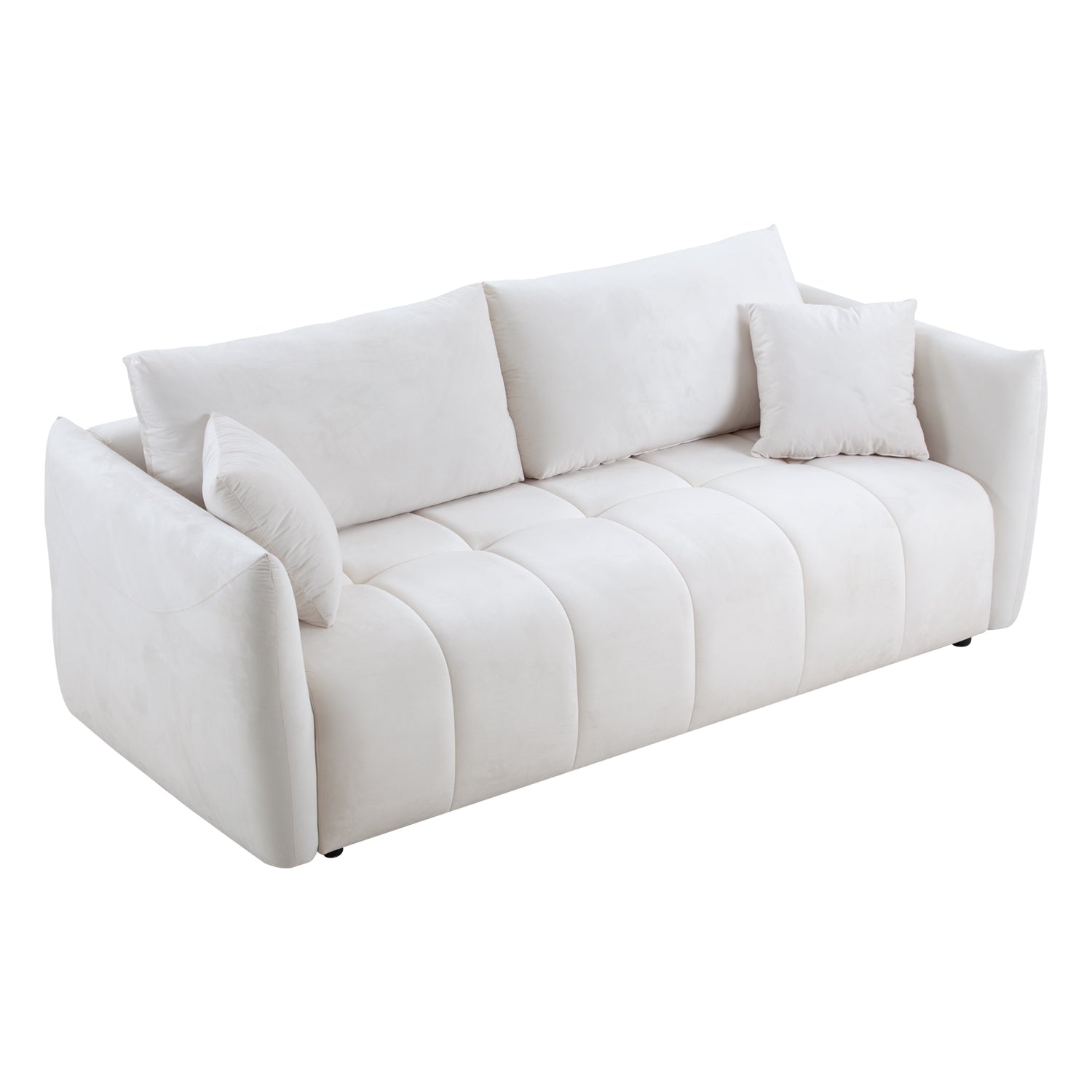 A stylish 85'' modern fabric sectional couch sofa in beige, featuring three soft pillows, perfect for living rooms.