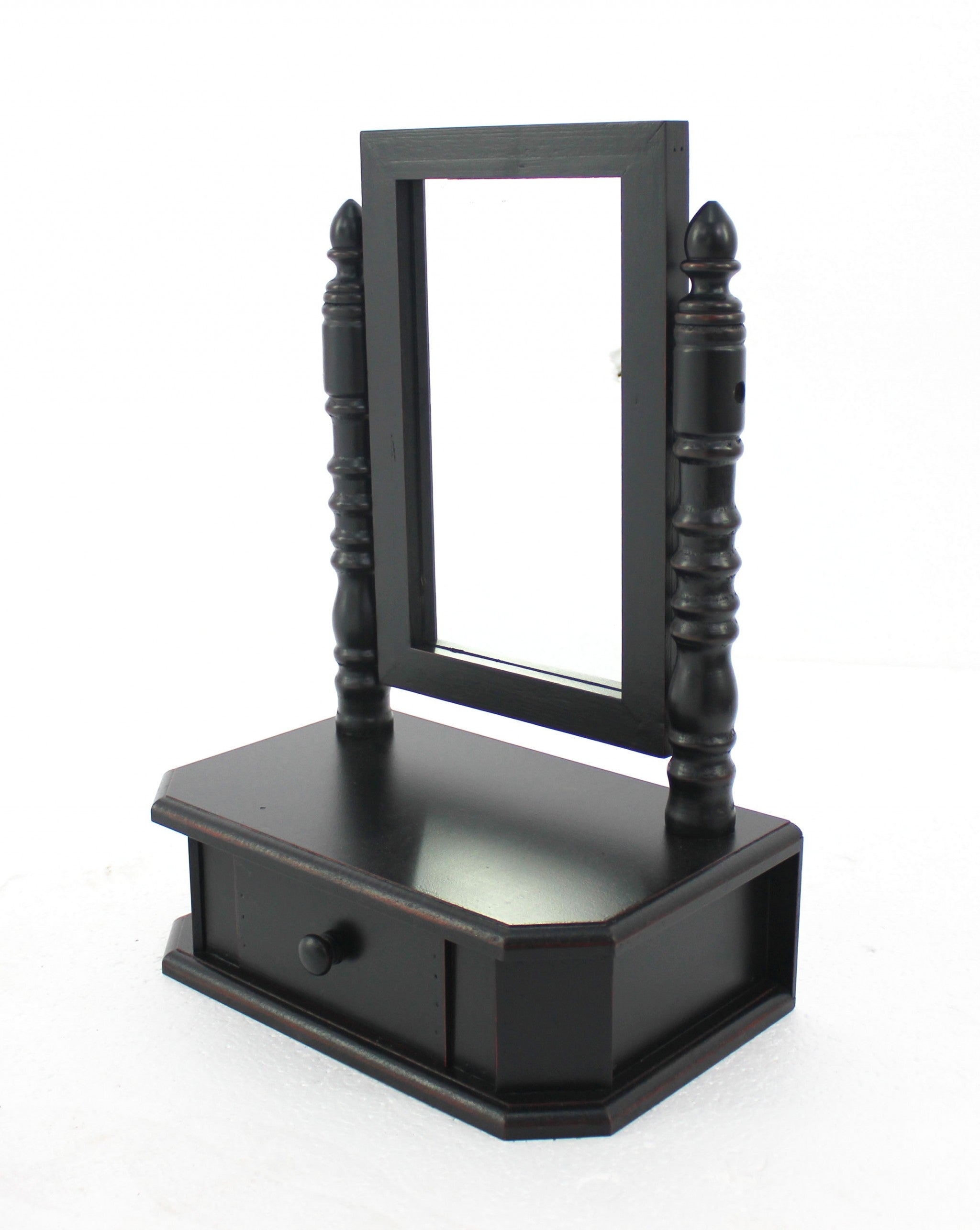 Elegant black traditional drawer table mirror with a mini slide-out drawer, perfect for organizing cosmetics and jewelry.