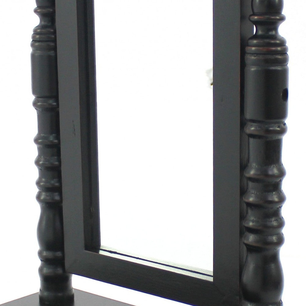 Elegant black traditional drawer table mirror with a mini slide-out drawer, perfect for organizing cosmetics and jewelry.