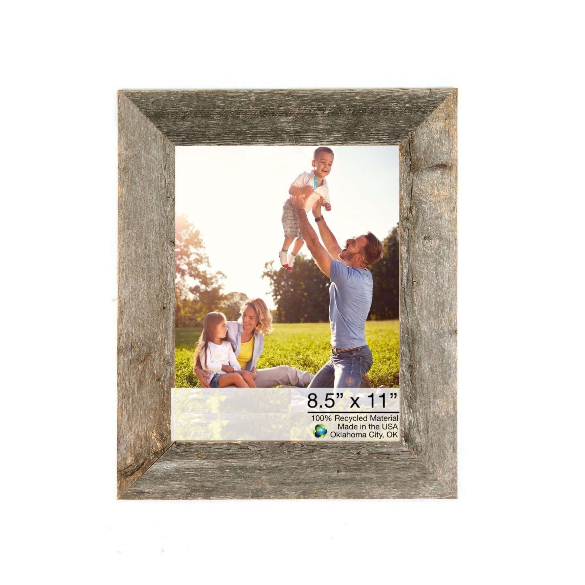 A rustic 8.5x11 natural weathered gray picture frame made from reclaimed wood, showcasing a beautiful design suitable for any decor.