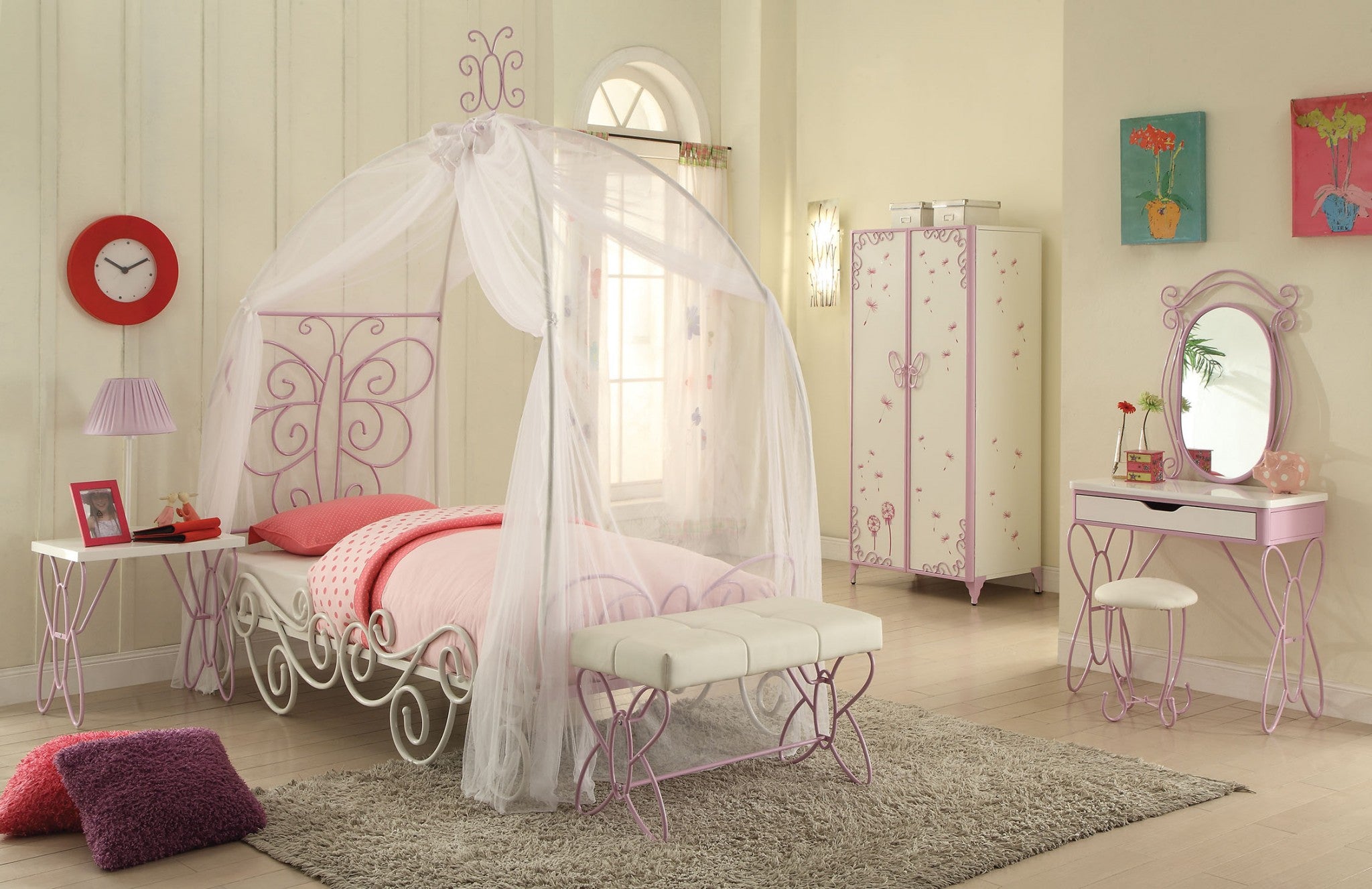 A beautiful full-sized canopy bed in white and light purple metal, featuring a butterfly design headboard and footboard, perfect for a child's bedroom.