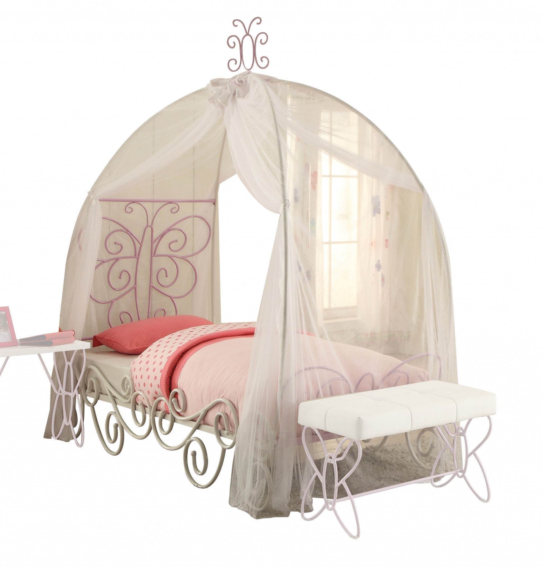 A beautiful full-sized canopy bed in white and light purple metal, featuring a butterfly design headboard and footboard, perfect for a child's bedroom.