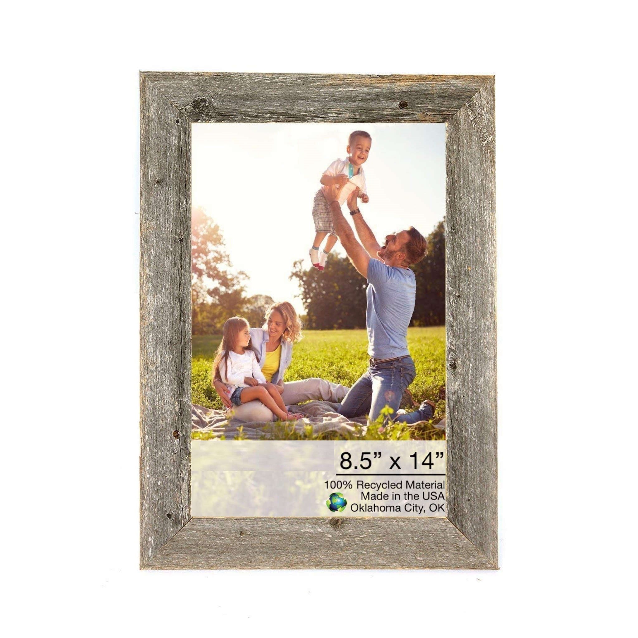 8.5x14 Natural Weathered Grey Picture Frame made from reclaimed wood with plexiglass holder, showcasing rustic charm.