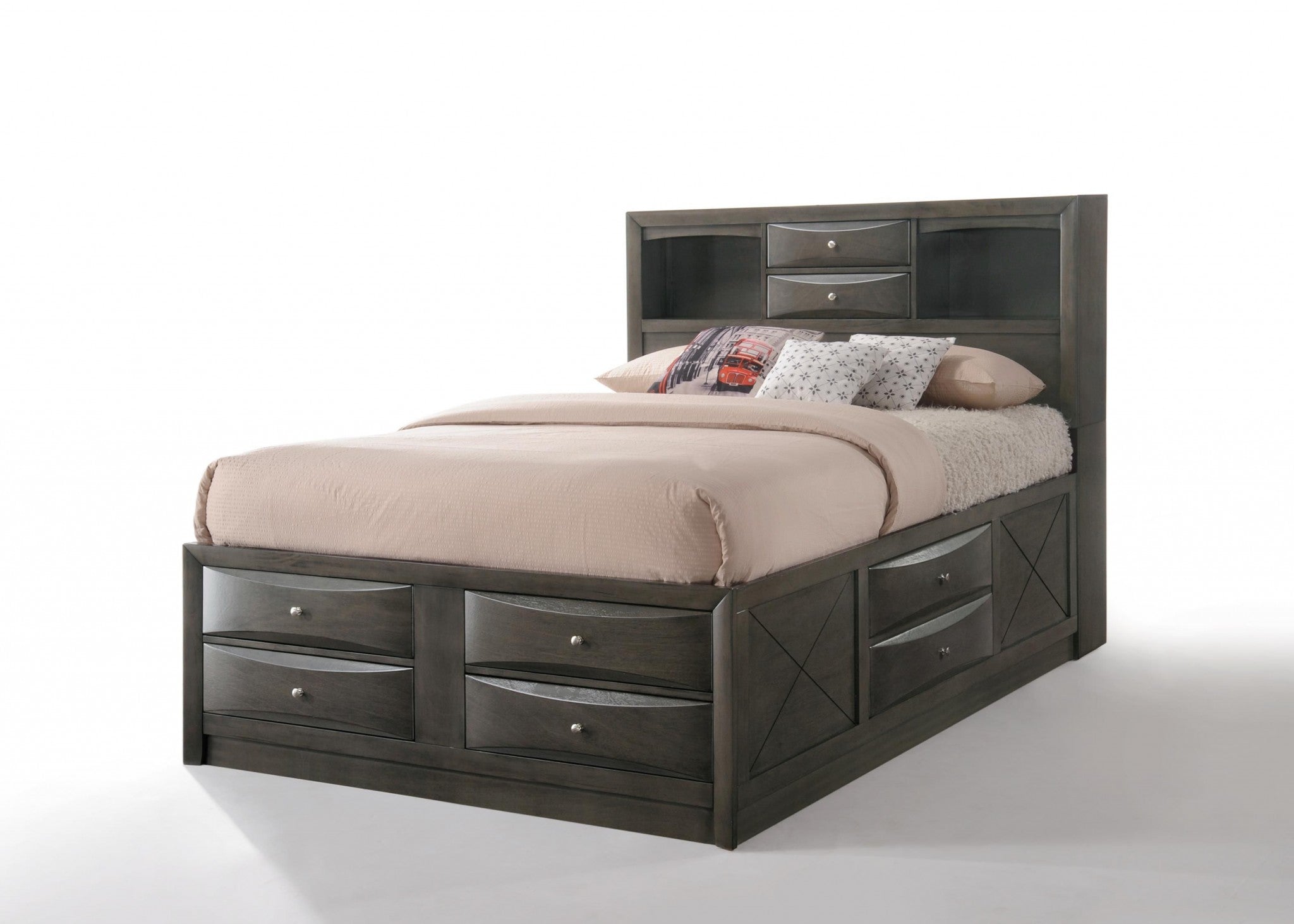 Gray Oak Rubber Wood Full Storage Bed with bookcase headboard and storage footboard, featuring eight drawers and two open compartments.