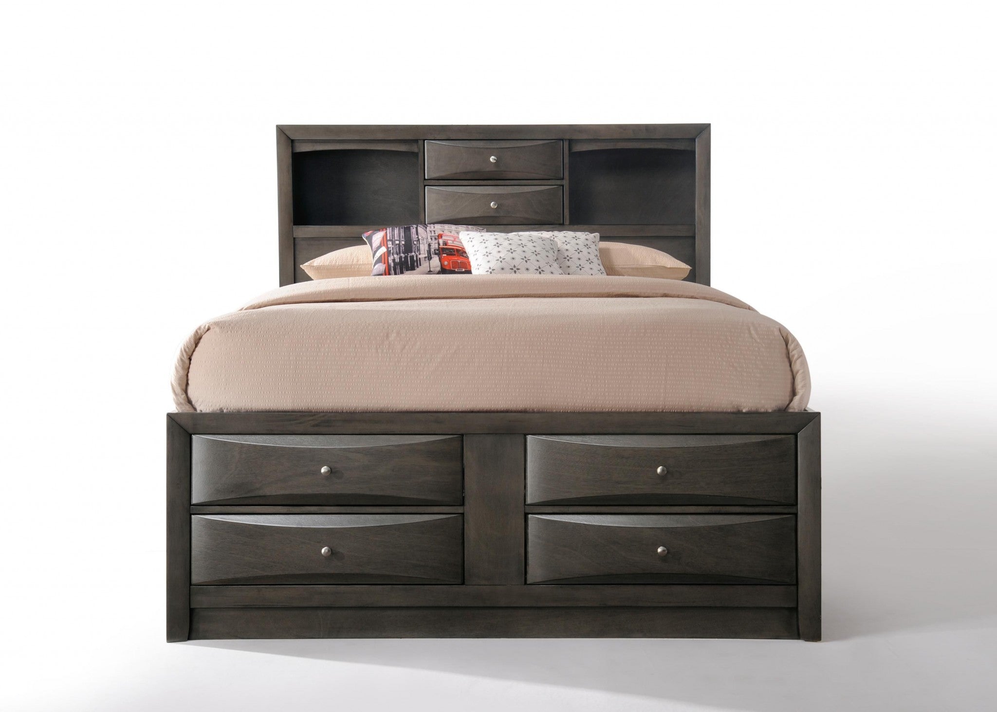 Gray Oak Rubber Wood Full Storage Bed with bookcase headboard and storage footboard, featuring eight drawers and two open compartments.