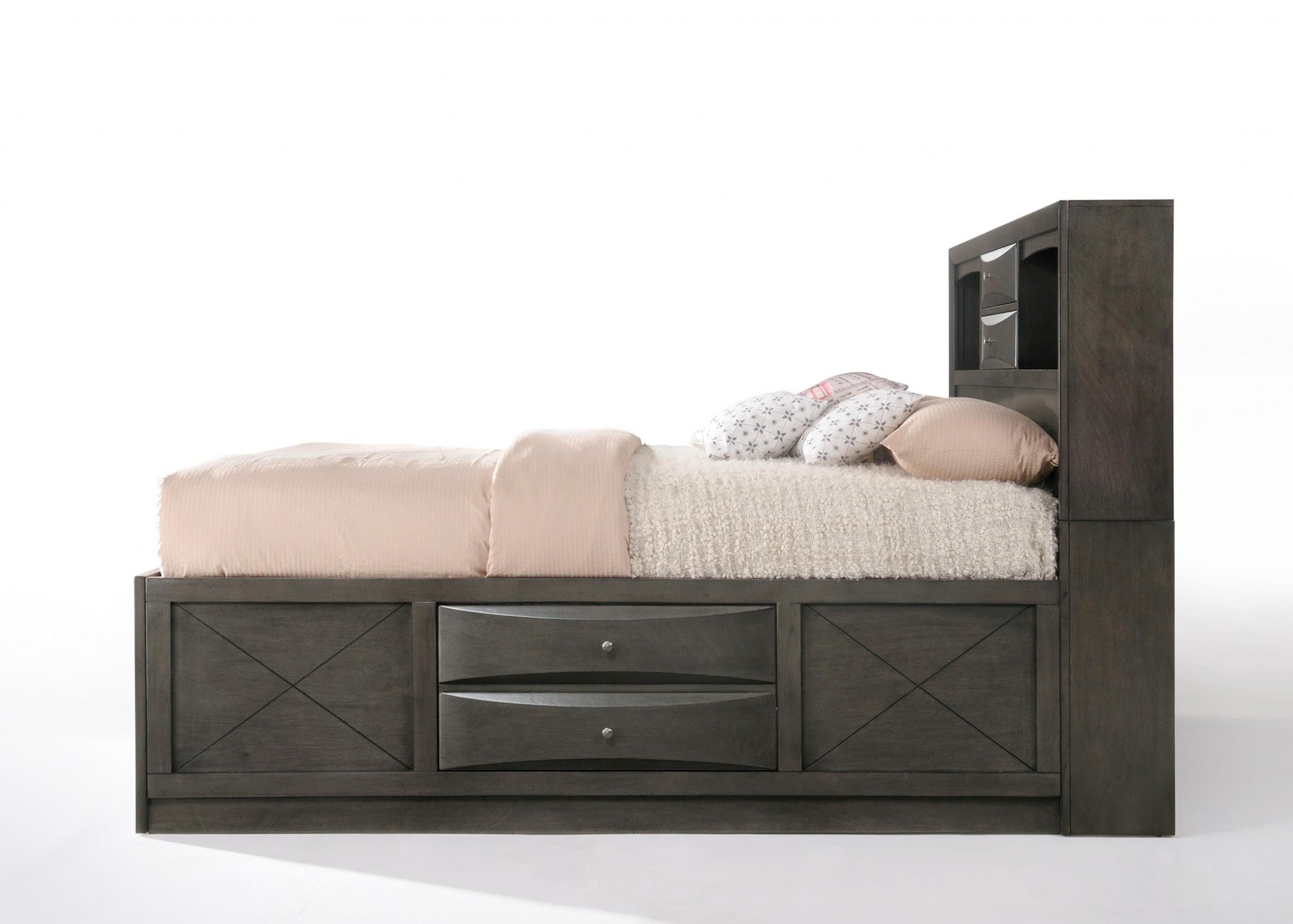 Gray Oak Rubber Wood Full Storage Bed with bookcase headboard and storage footboard, featuring eight drawers and two open compartments.