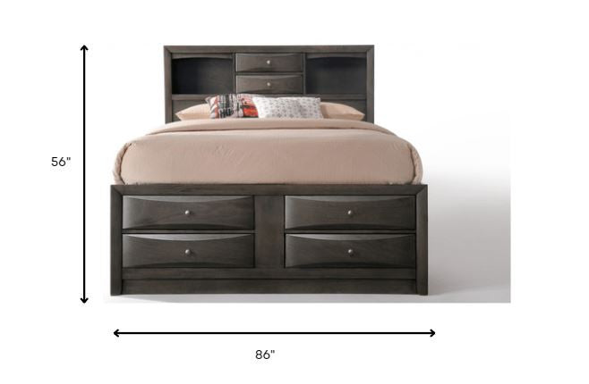 Gray Oak Rubber Wood Full Storage Bed with bookcase headboard and storage footboard, featuring eight drawers and two open compartments.