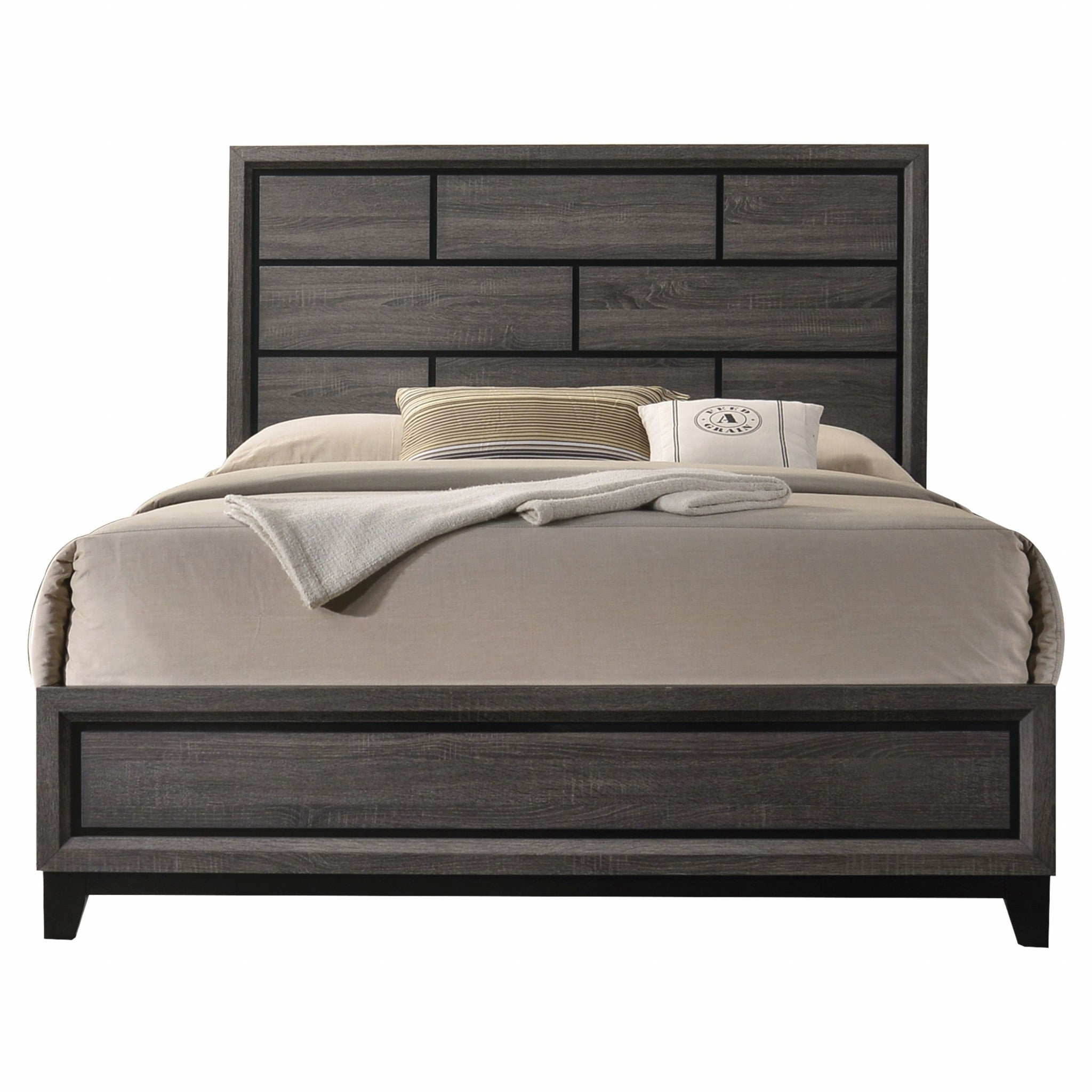 Weathered Gray Eastern King Bed featuring a grooved headboard and low profile footboard, supported by sturdy wood tapered legs.