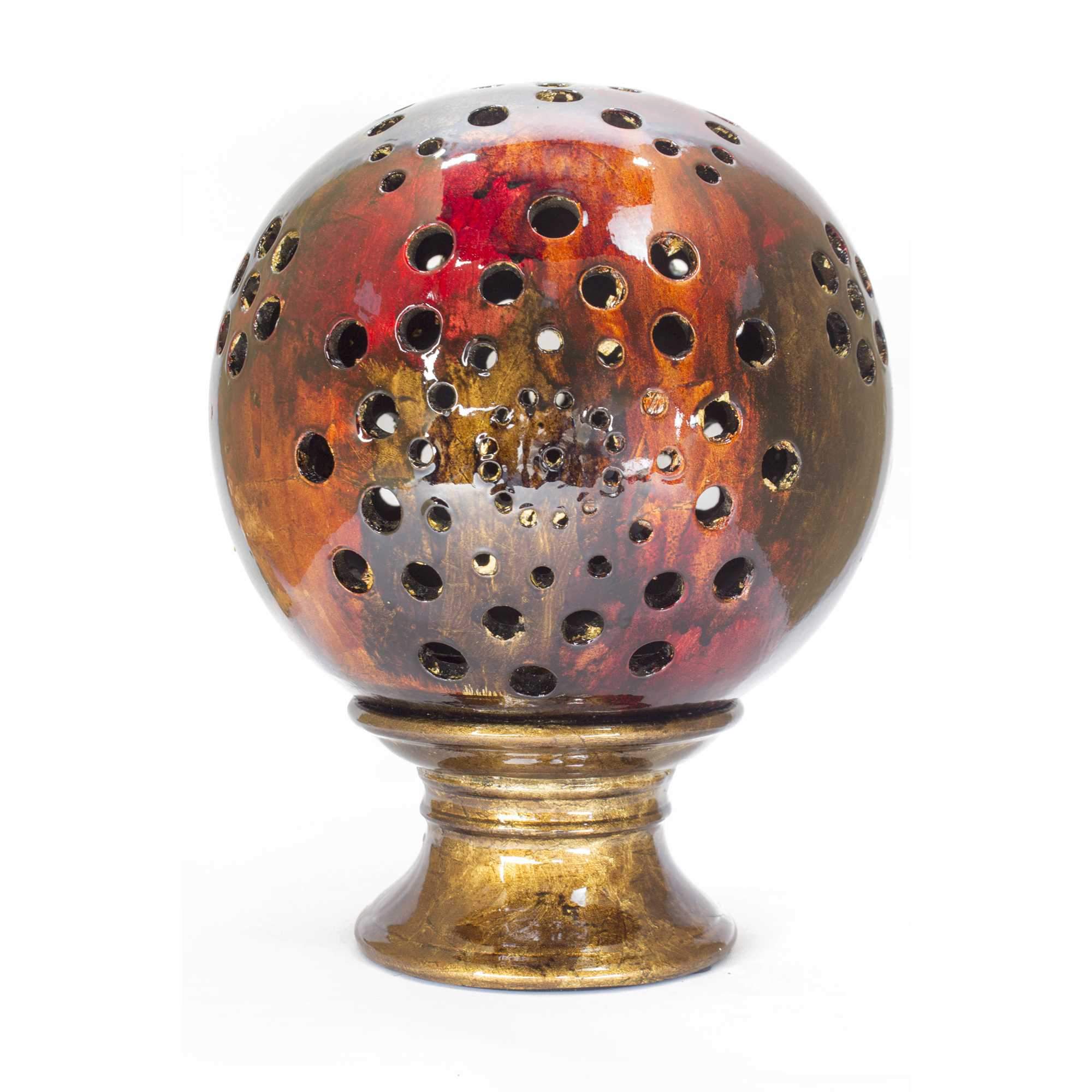 A beautifully crafted 8.75" Copper Red Gold Ceramic Foiled and Lacquered Globe candleholder, showcasing its elegant design and vibrant colors.